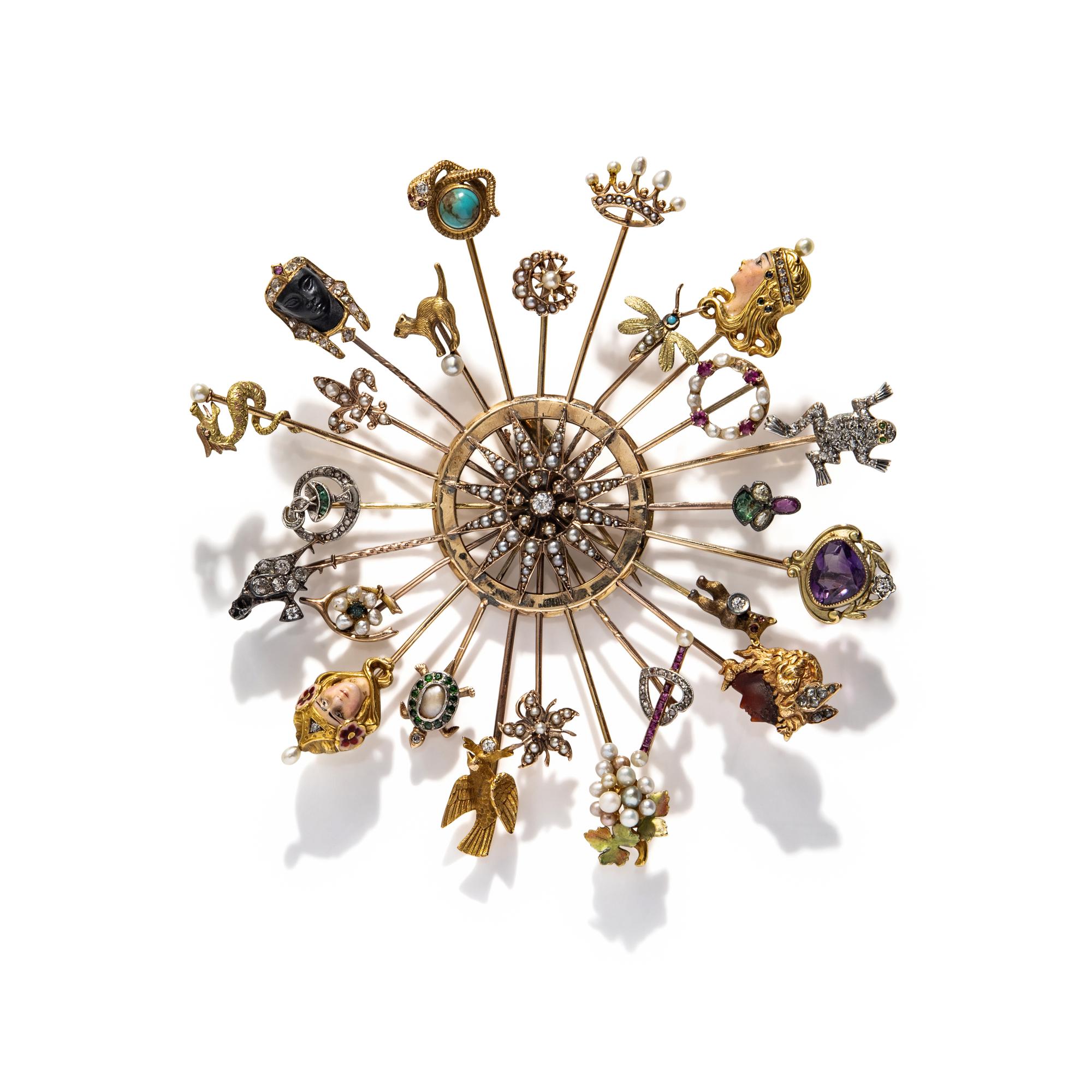 VICTORIAN, MULTIGEM STICK PIN BROOCH
