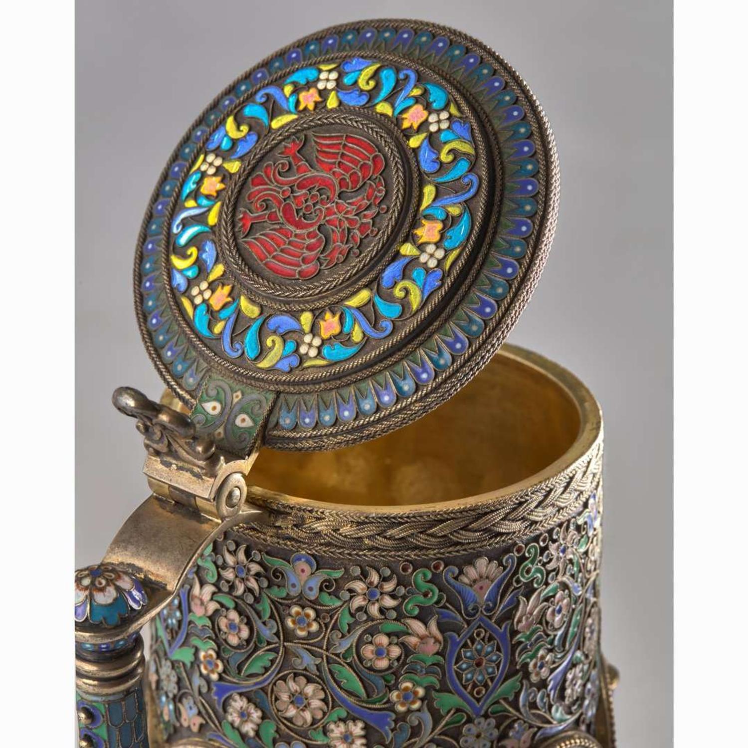A Russian Silver-Gilt Plique-à-Jour and Cloisonné Imperial Presentation Tankard Pavel Ovchinnikov, Moscow, 1892