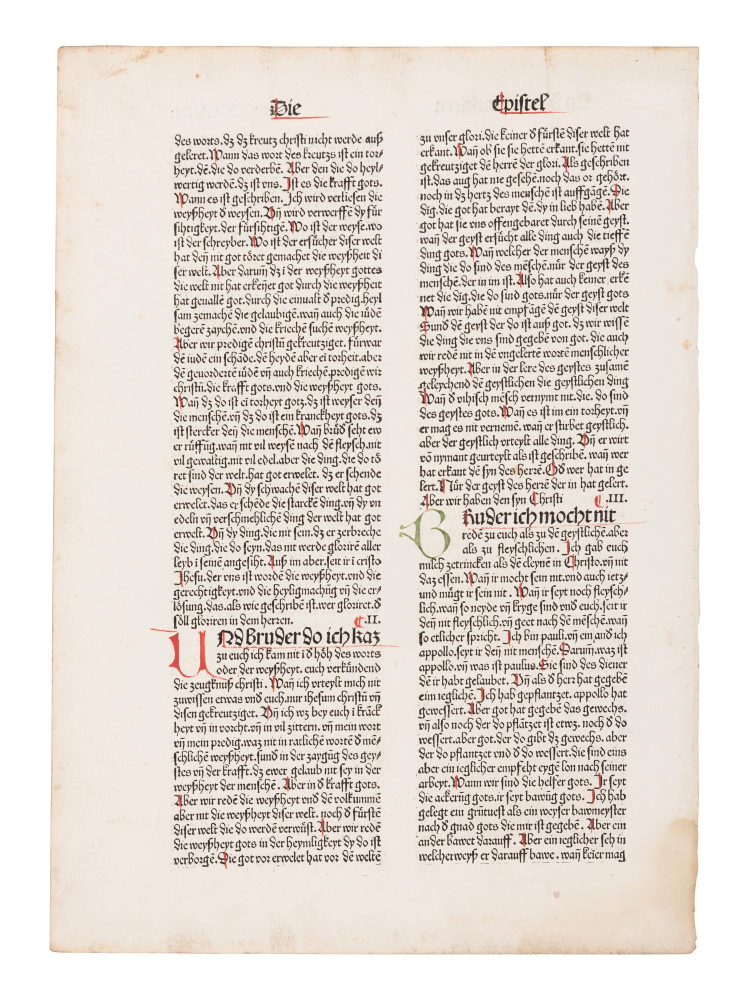 [BIBLE, in German -- PRINTED LEAF]. Single leaf, from a Koberger Bible, ca 1483.