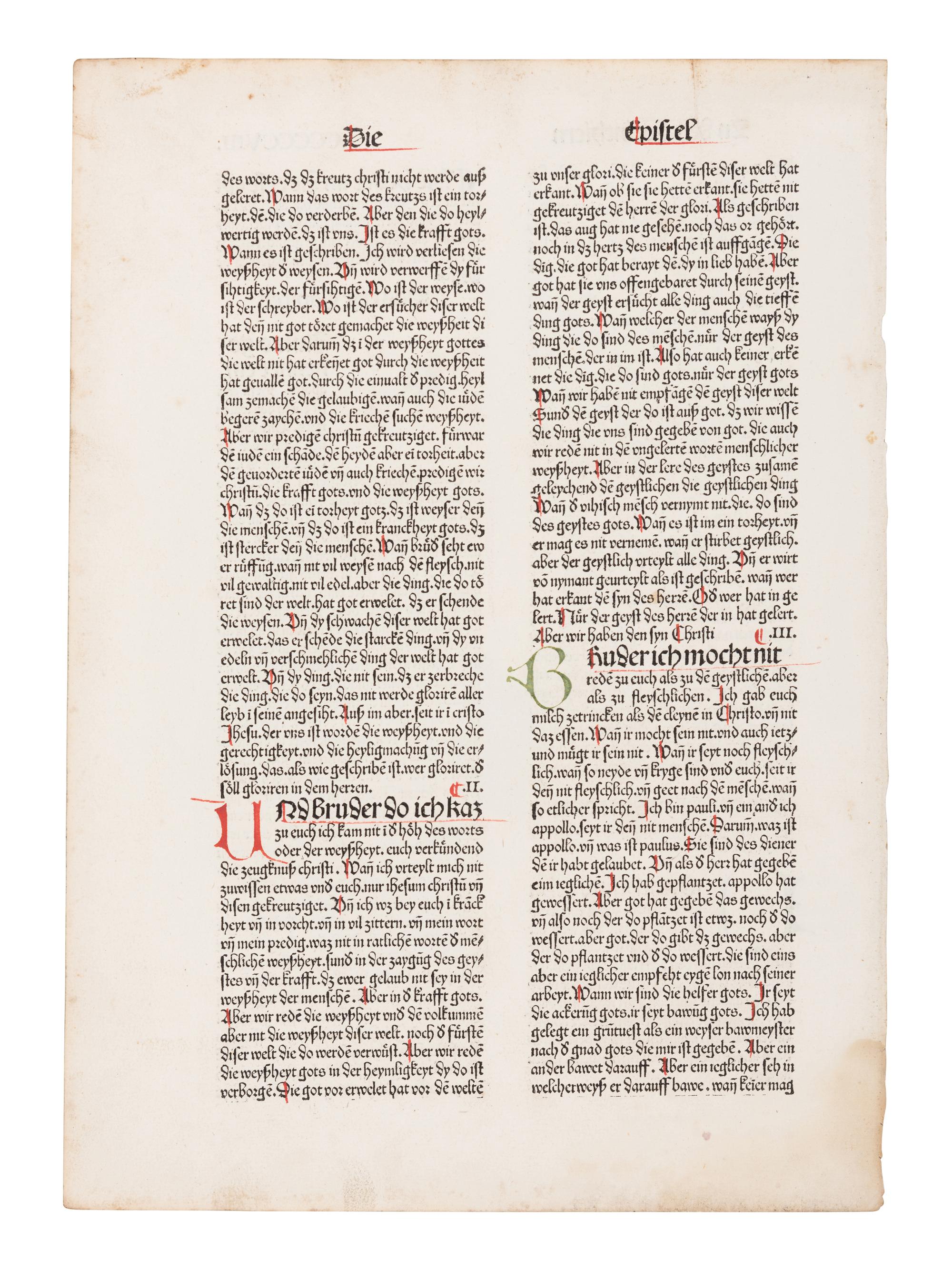 [BIBLE, in German -- PRINTED LEAF]. Single leaf, from a Koberger Bible, ca 1483.