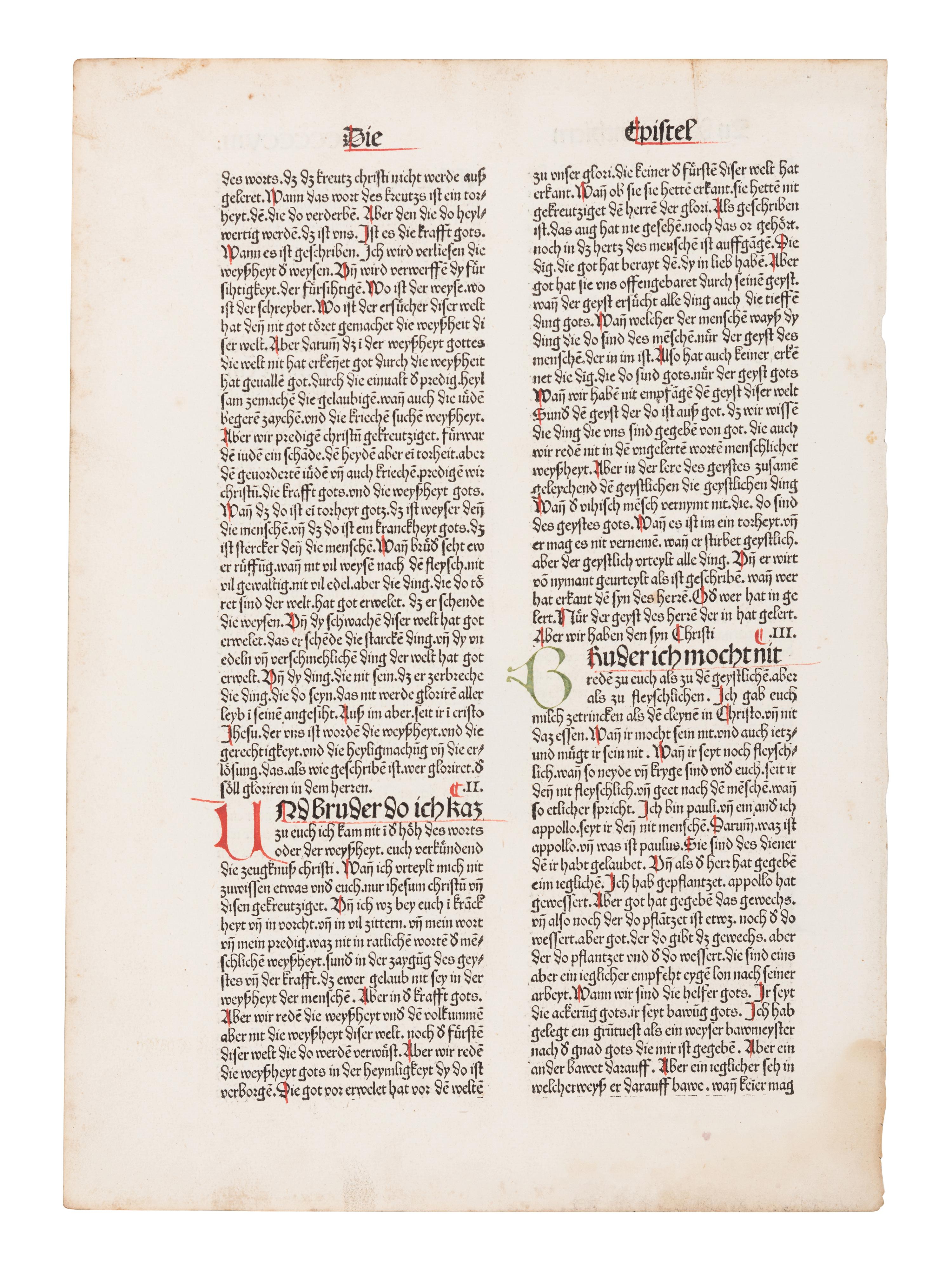 [BIBLE, in German -- PRINTED LEAF]. Single leaf, from a Koberger Bible, ca 1483.