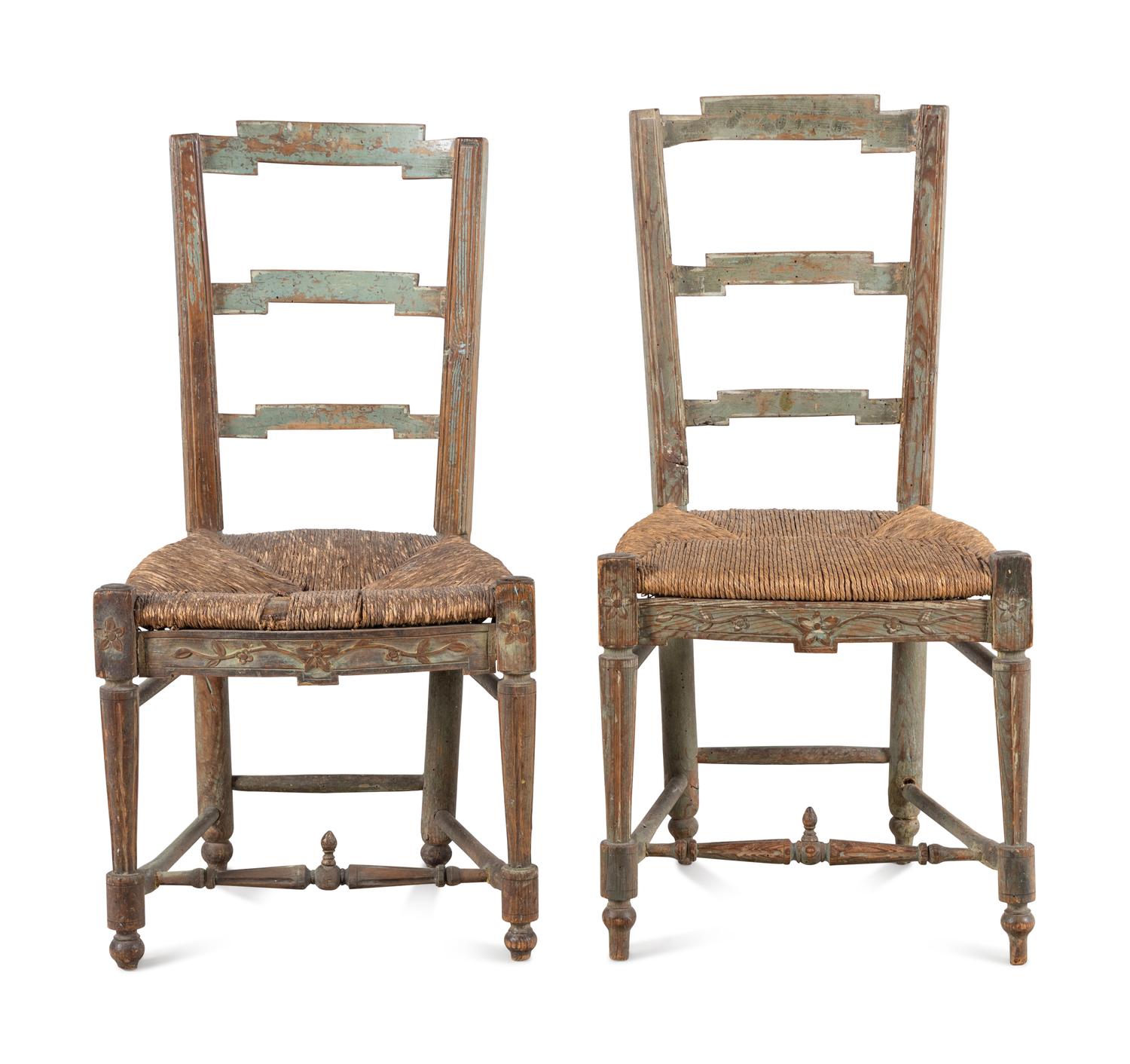 A Pair of French Carved and Painted Rush Seat Side Chairs