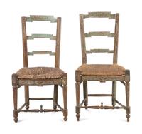 A Pair of French Carved and Painted Rush Seat Side Chairs