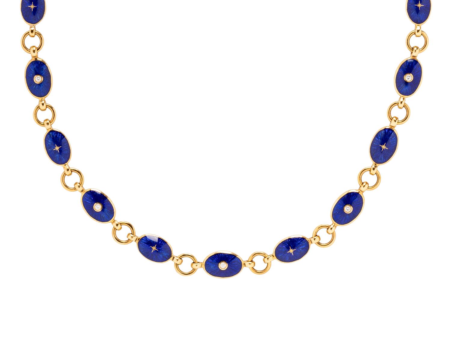 FABERGÉ, BLUE ENAMEL, DIAMOND, AND YELLOW GOLD NECKLACE