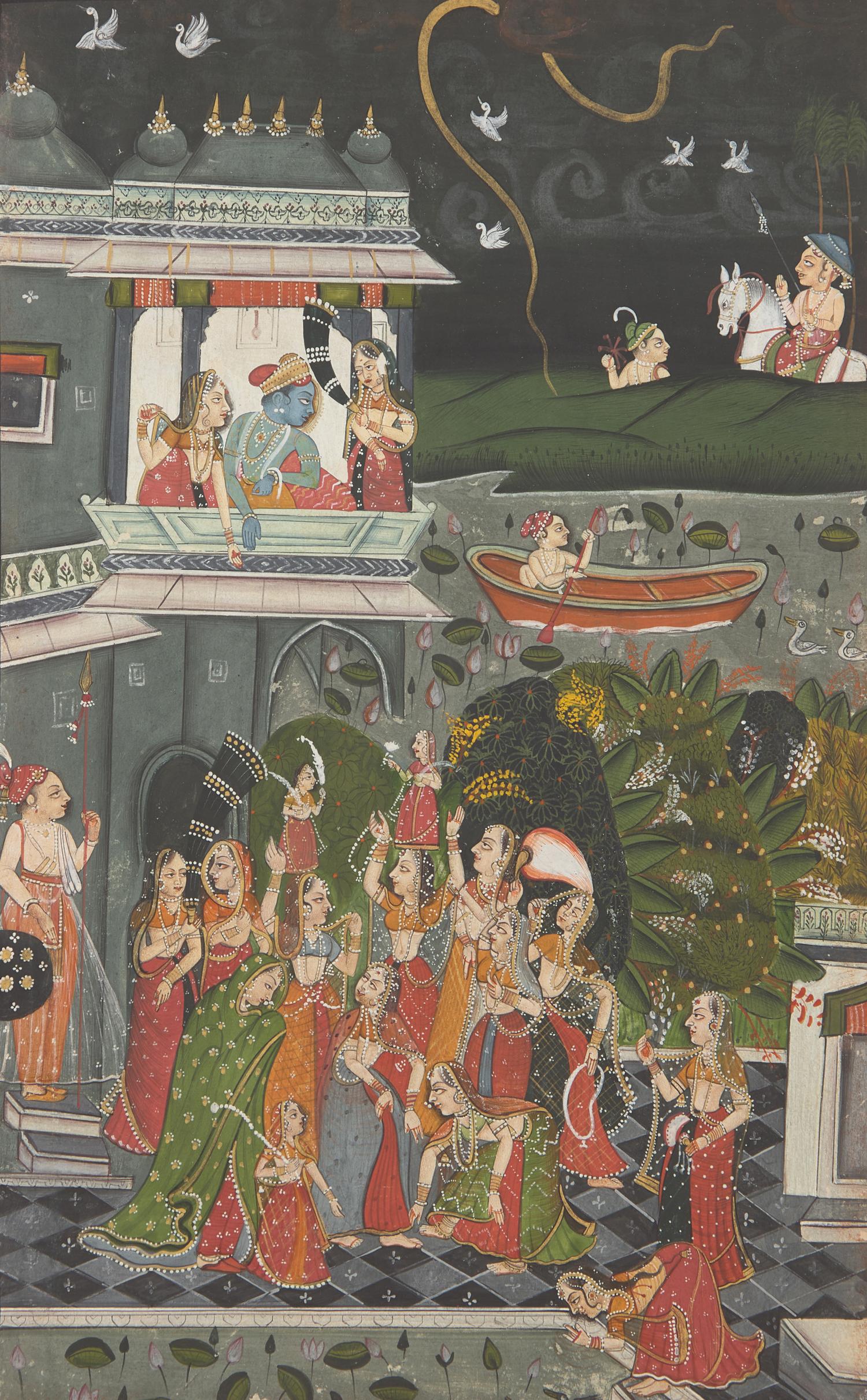 A Painting of Radha and Krishna Celebrating the Tej Festival and A Painting of Radha and Krishna Indoors Facing One Another, Probably Udaipur or Jaipur, India, 20th Century