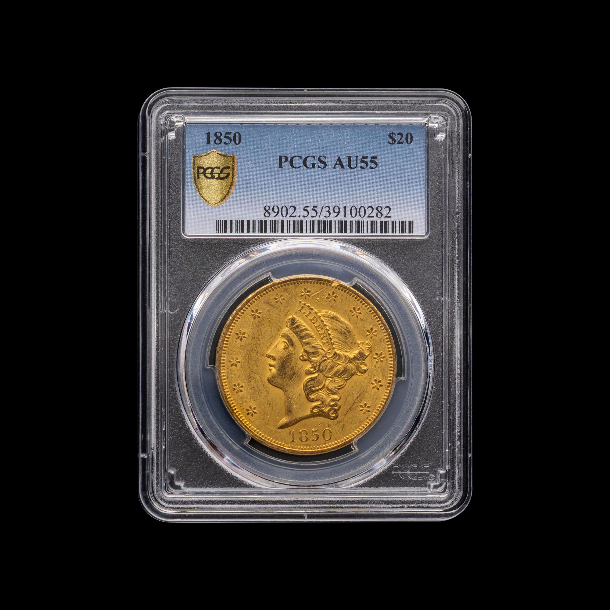 An 1850 Liberty Head $20 Gold Coin [PCGS AU55]