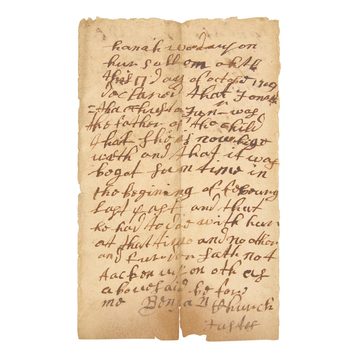 [Colonial America] Church, Benjamin. A Rare Autograph Document, Signed by Benjamin Church, America's First Ranger