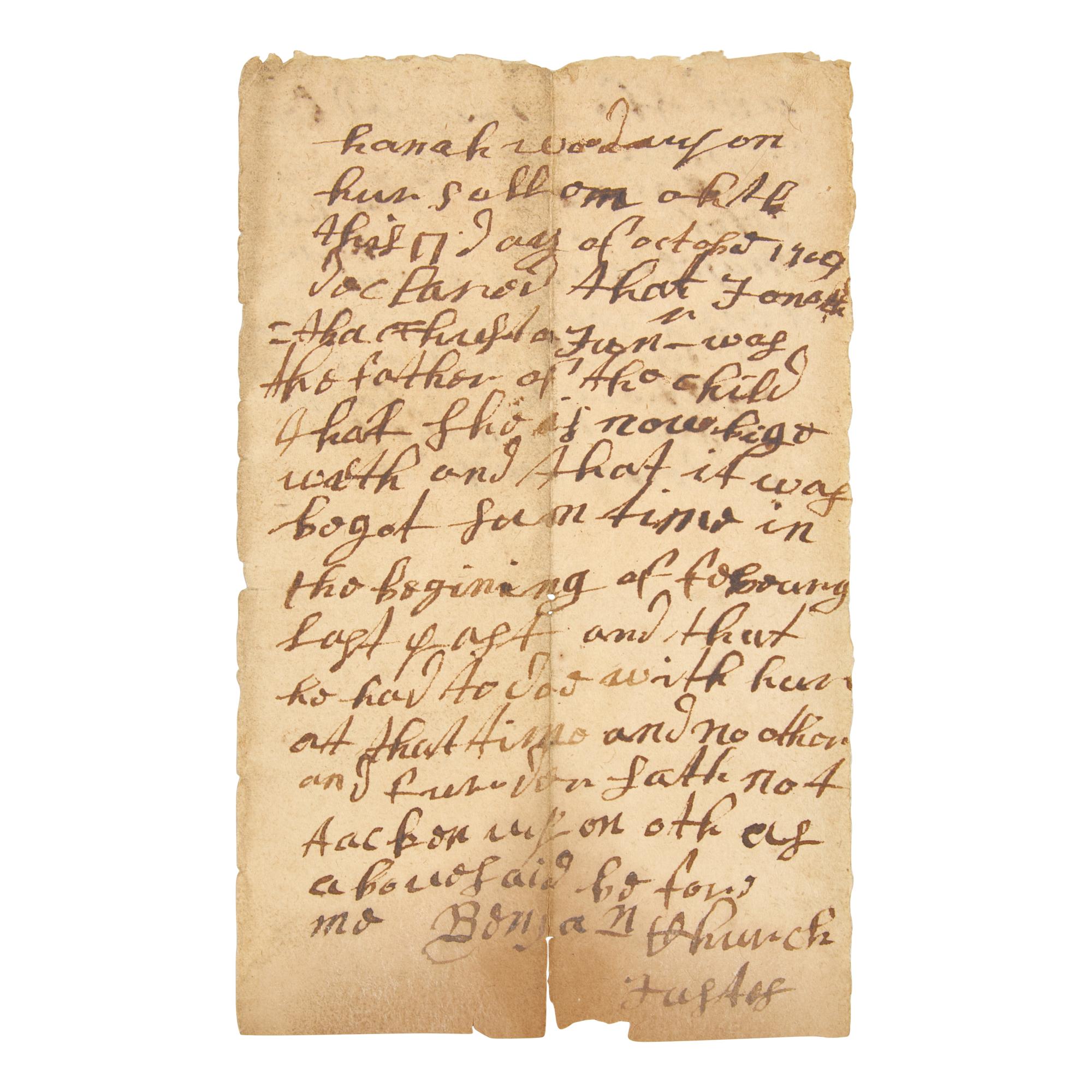 [Colonial America] Church, Benjamin. A Rare Autograph Document, Signed by Benjamin Church, America's First Ranger