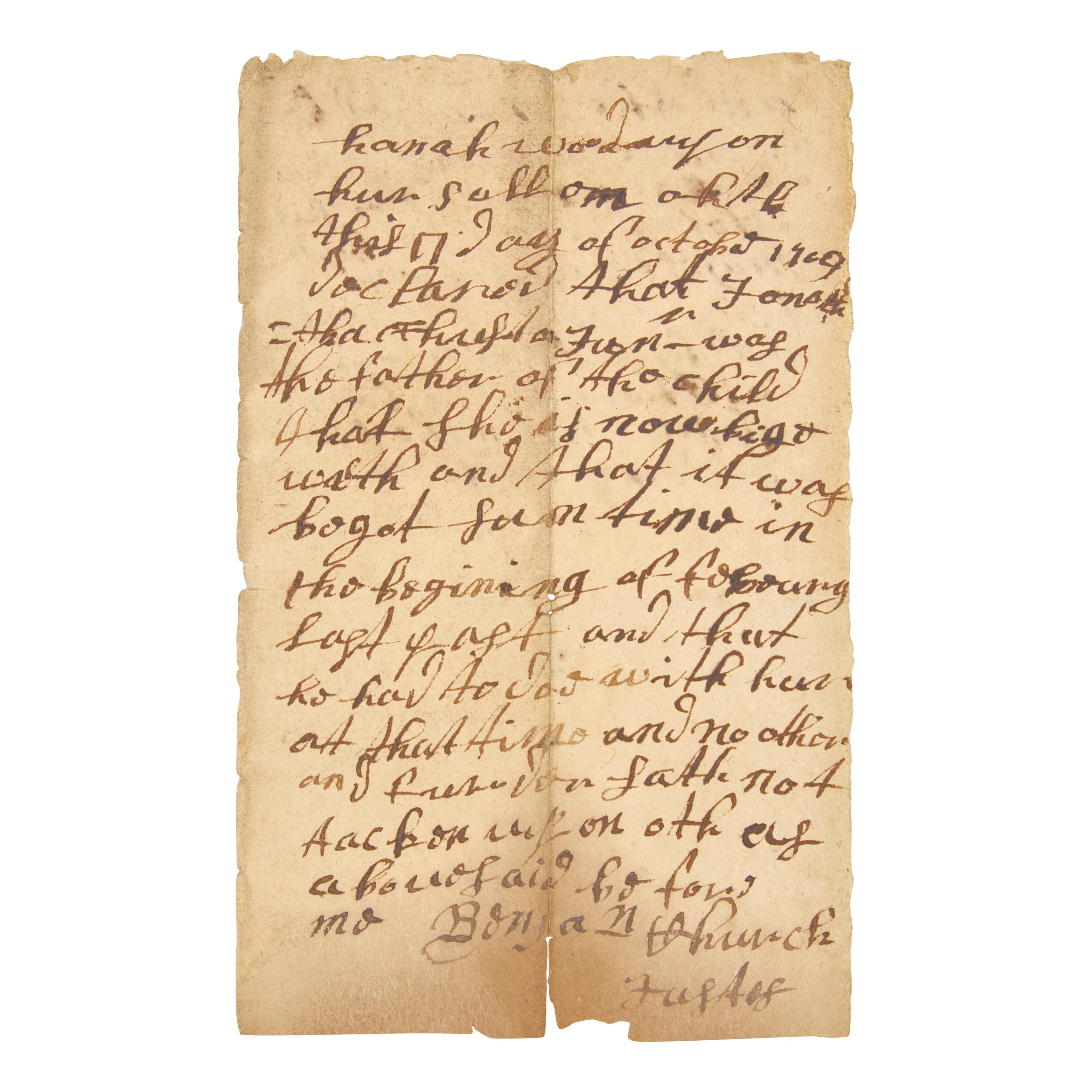 *[Colonial America] Church, Benjamin. A Rare Autograph Document, Signed by Benjamin Church, America's First Ranger