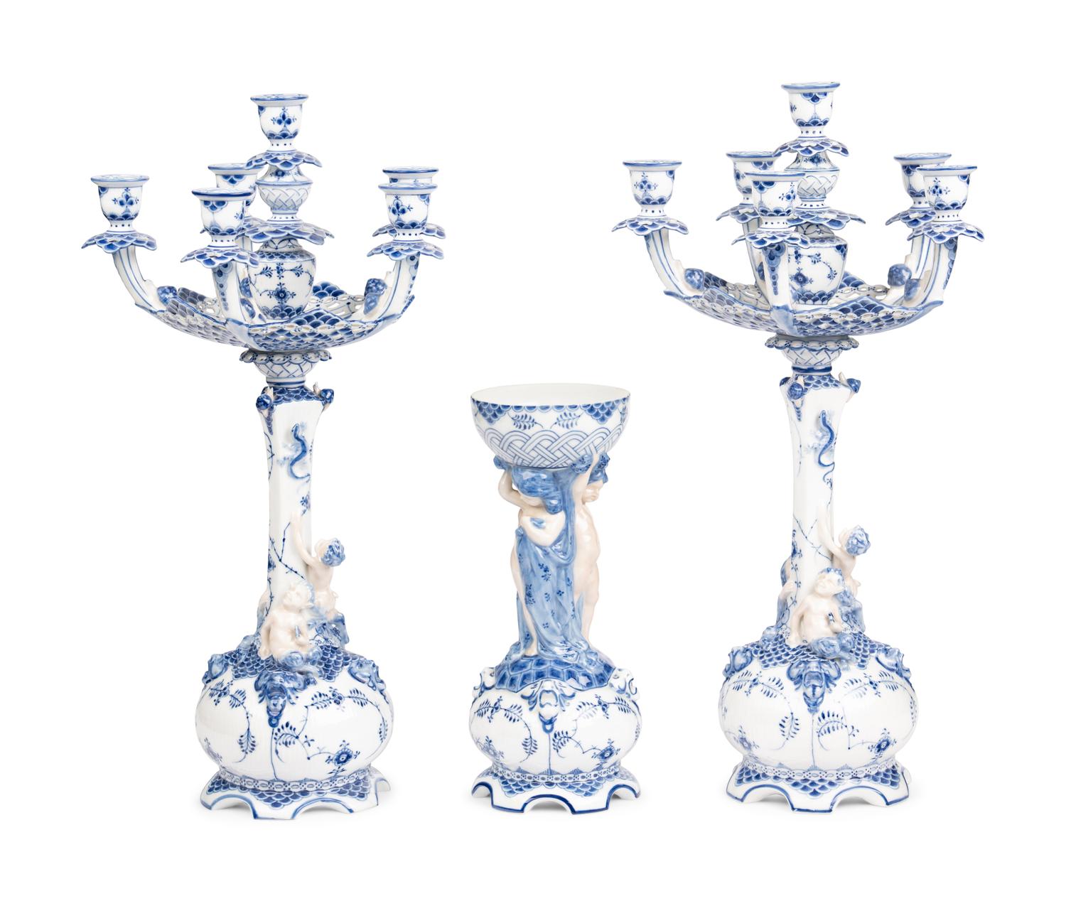 An Assembled Royal Copenhagen Blue Fluted Full Lace Porcelain Table Garniture