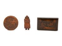 A Scottish Mauchline Ware Table Snuff Box, a French Pressed Wood Box and a Carved Dutch Girl Figural Snuff Box