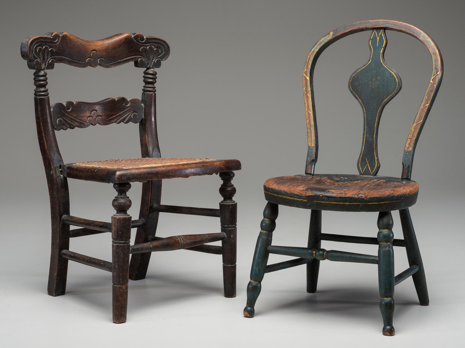 Two Paint Decorated Doll or Child's Chairs