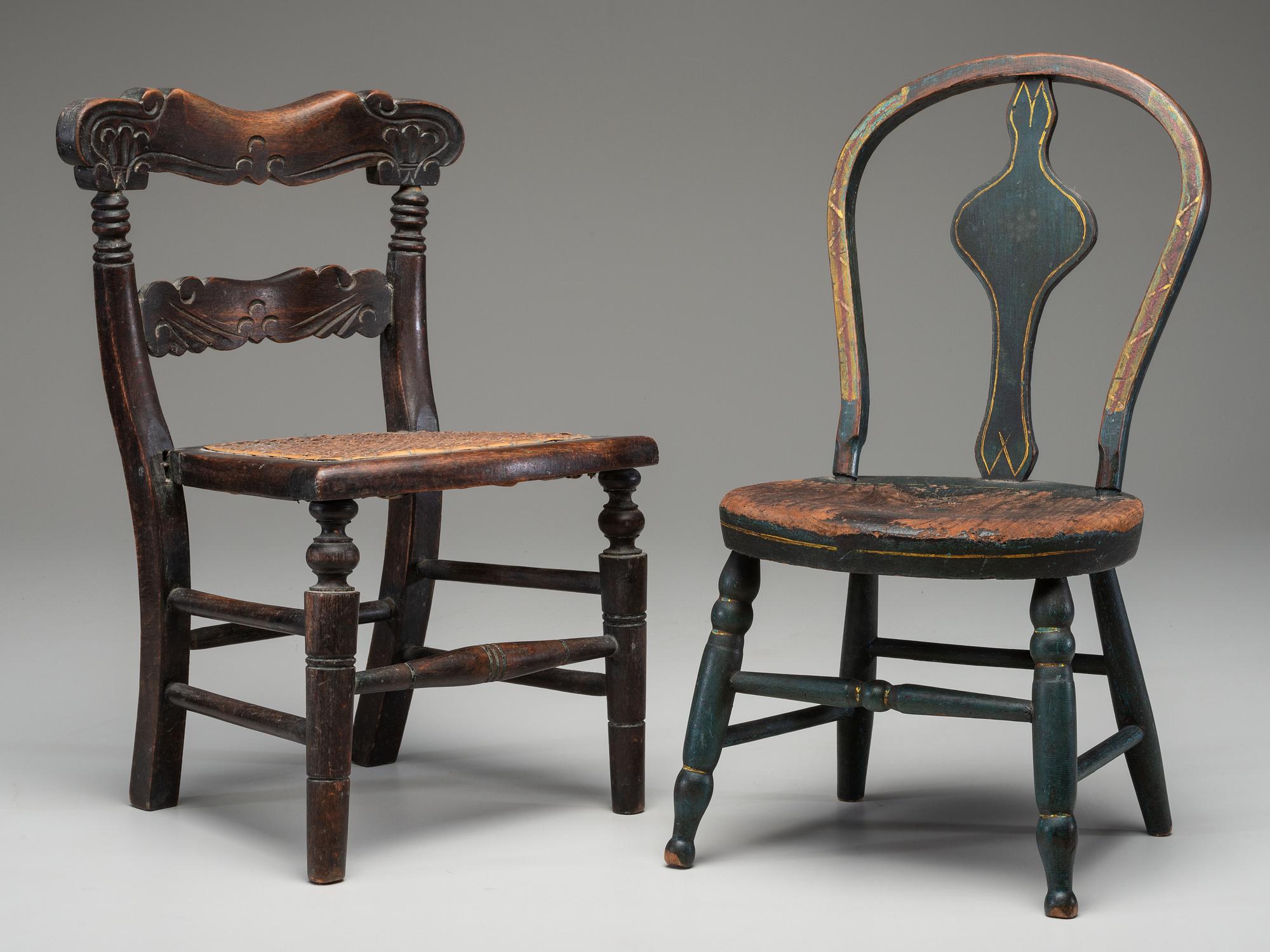Two Paint Decorated Doll or Child's Chairs