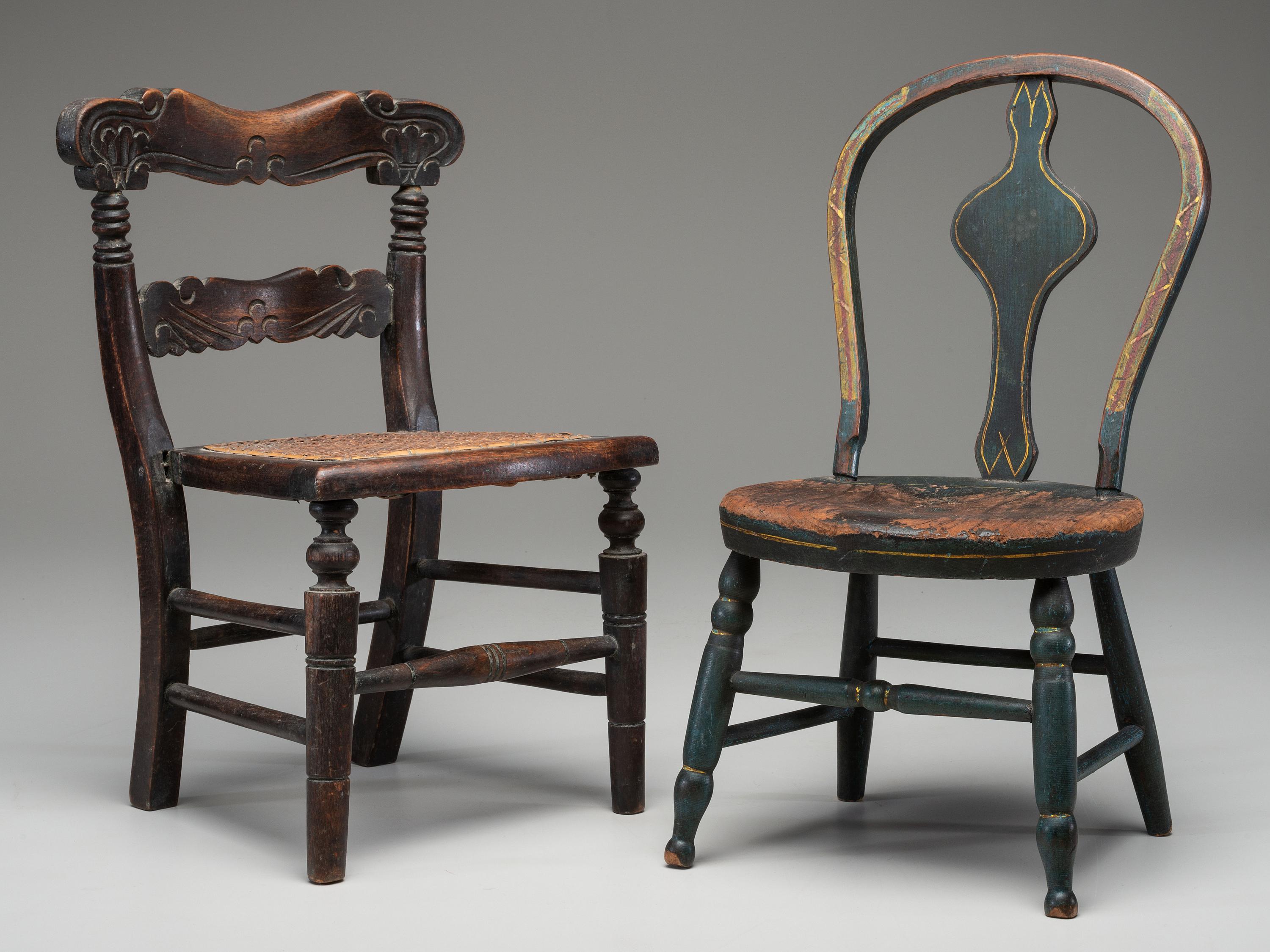 Two Paint Decorated Doll or Child's Chairs