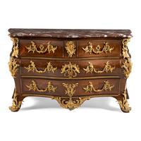 A Louis XV Kingwood Parquetry and Gilt Bronze Mounted Marble-Top Commode