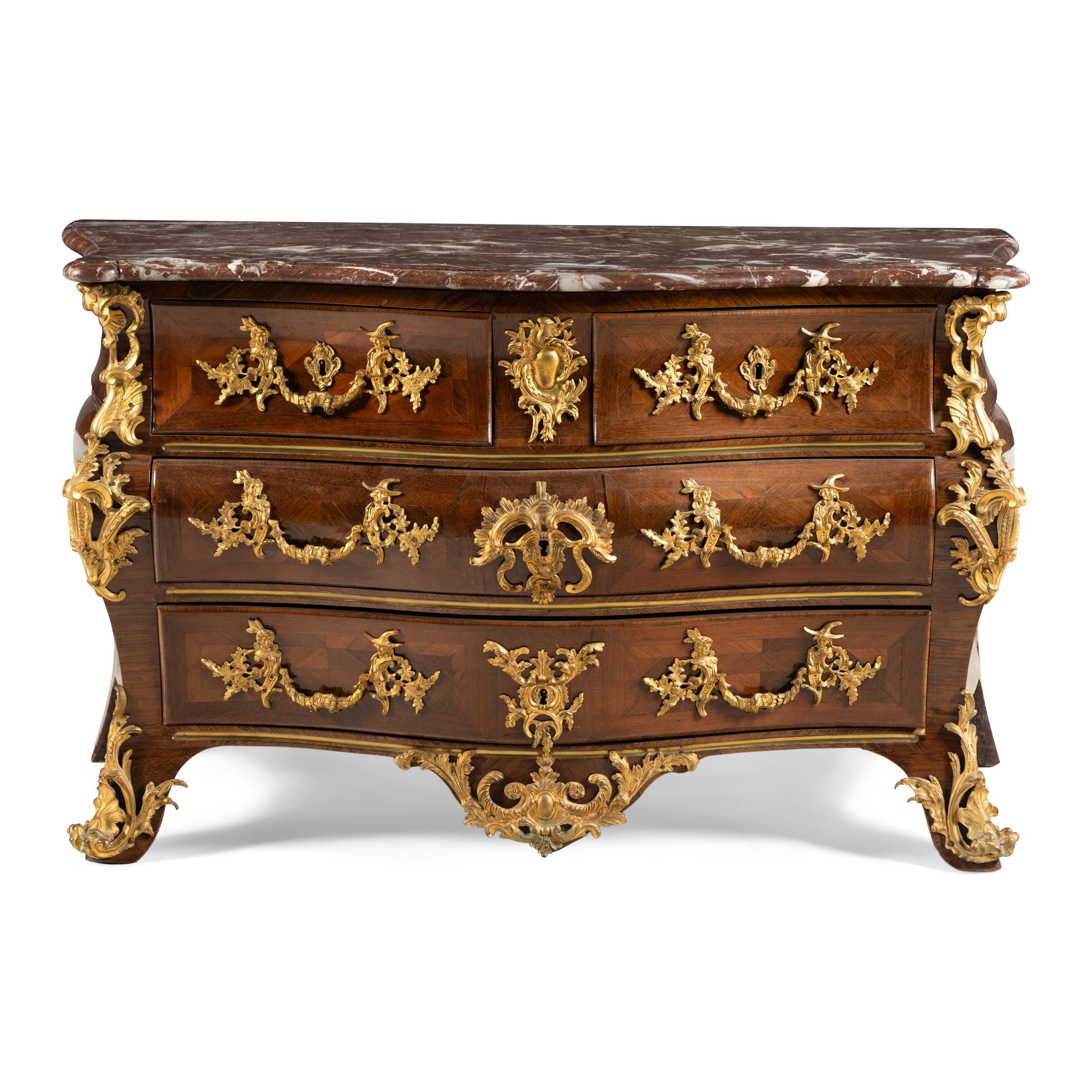 A Louis XV Kingwood Parquetry and Gilt Bronze Mounted Marble-Top Commode