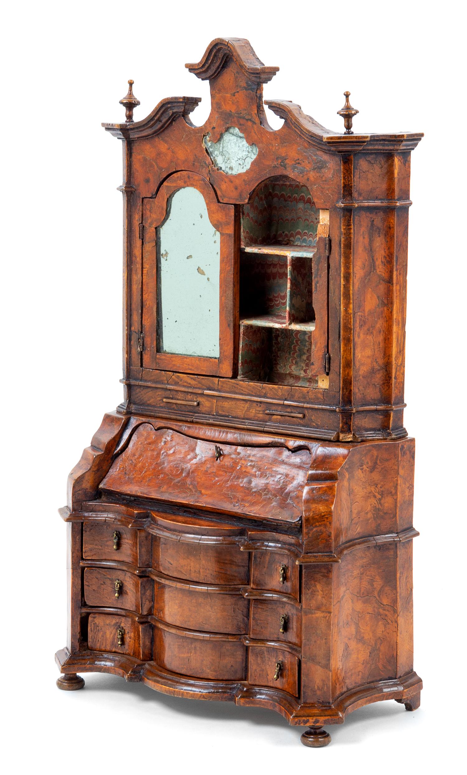 A Diminutive Venetian Style Burlwood Secretary Height 18 3/4 x width 10 1/4 x depth 4 7/8 inches. — EARLY 19TH CENTURY