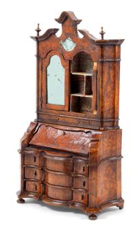 A Diminutive Venetian Style Burlwood Secretary Height 18 3/4 x width 10 1/4 x depth 4 7/8 inches. — EARLY 19TH CENTURY