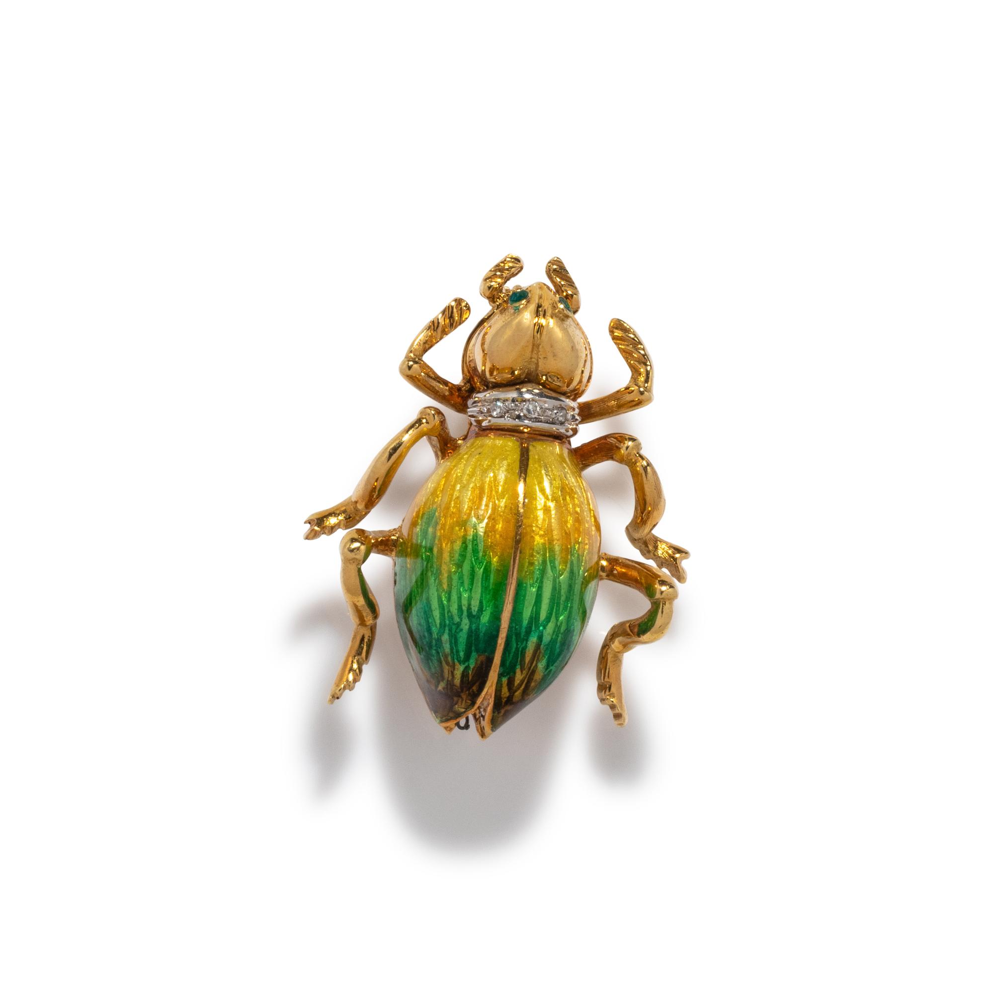 CARTIER, YELLOW GOLD, DIAMOND AND ENAMEL BEETLE BROOCH