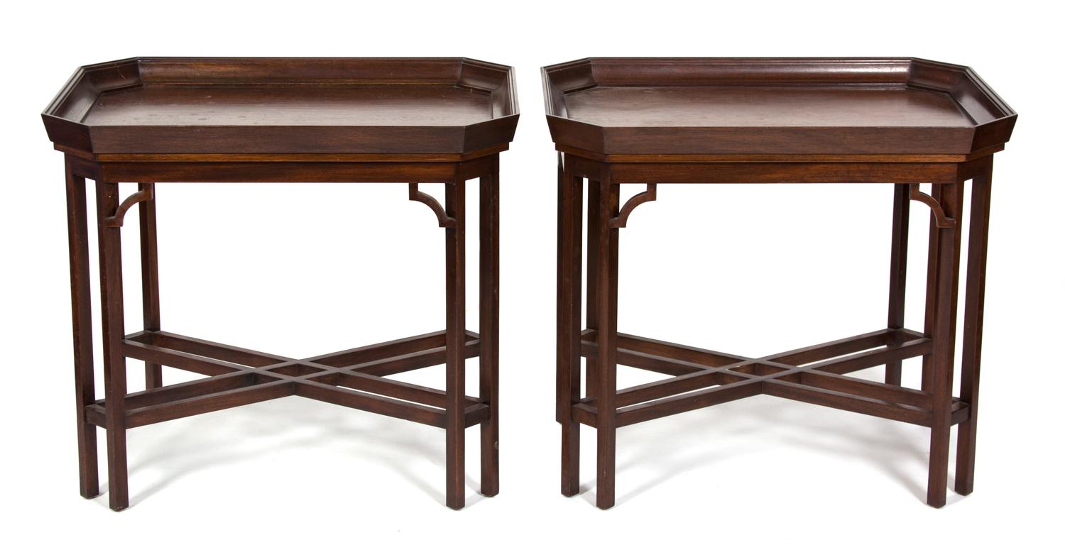 A Pair of Chinese Chippendale Mahogany and Rosewood Tray Top Side Tables Height 26 x width 30 x depth 22 inches. — 20TH CENTURY