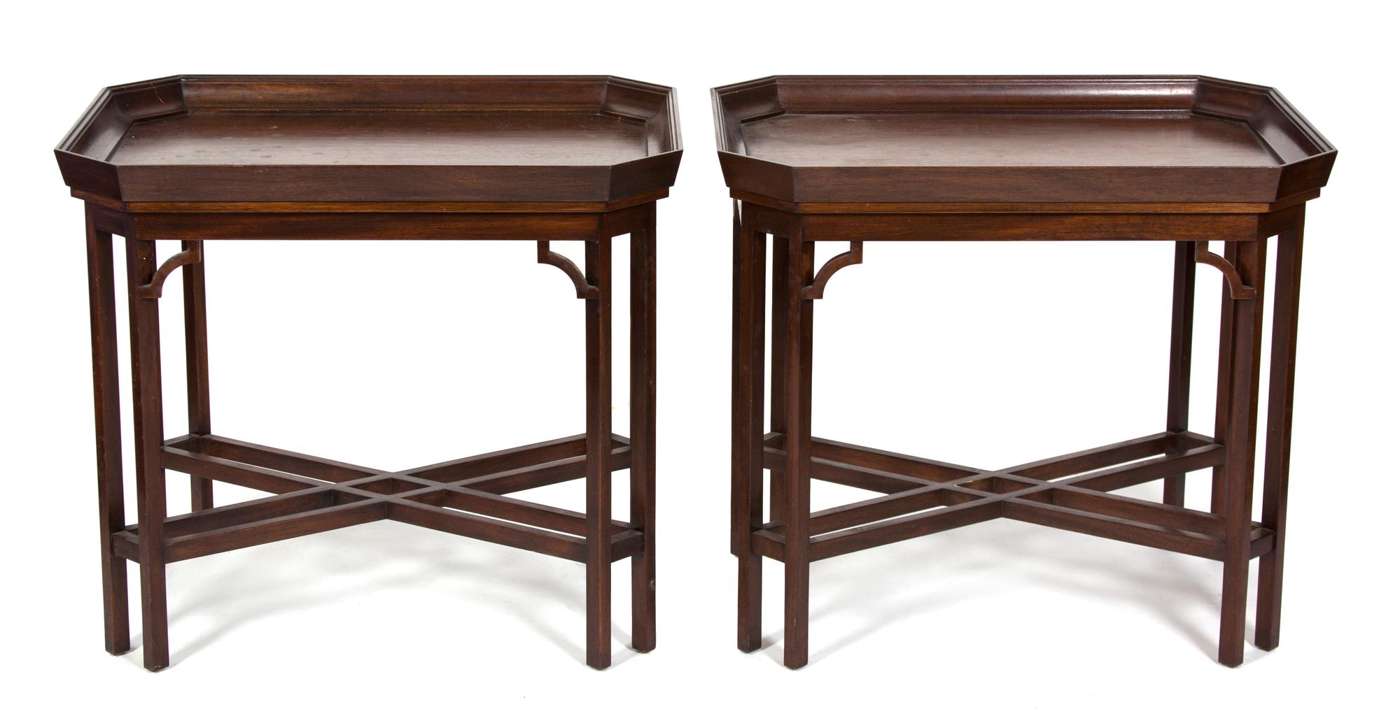 A Pair of Chinese Chippendale Mahogany and Rosewood Tray Top Side Tables Height 26 x width 30 x depth 22 inches. — 20TH CENTURY