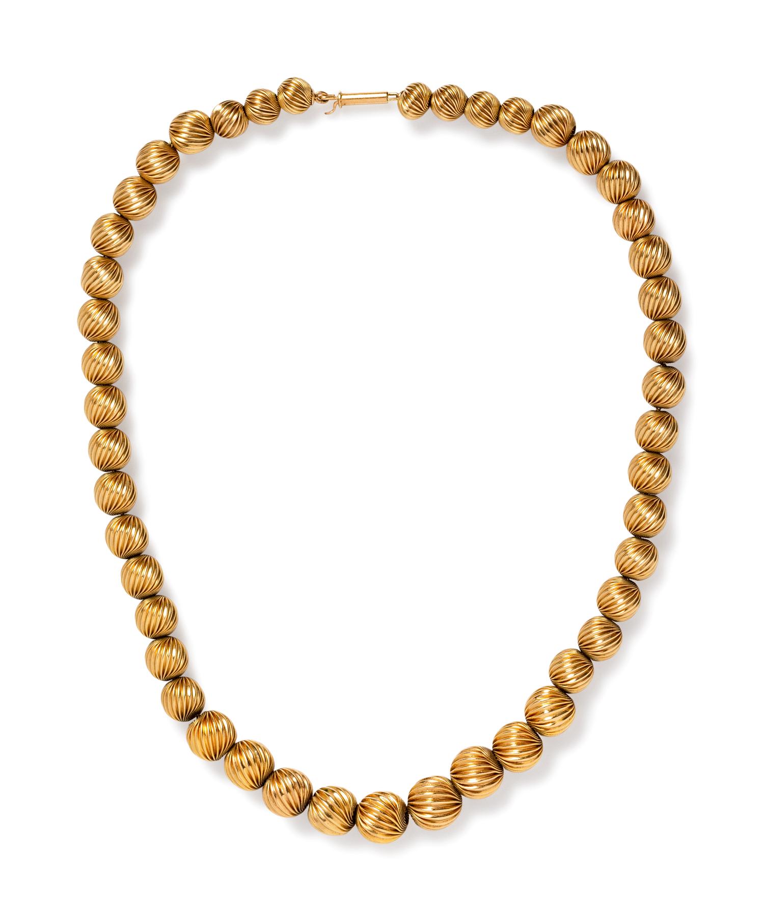 A 14 Karat Yellow Gold Bead Necklace,