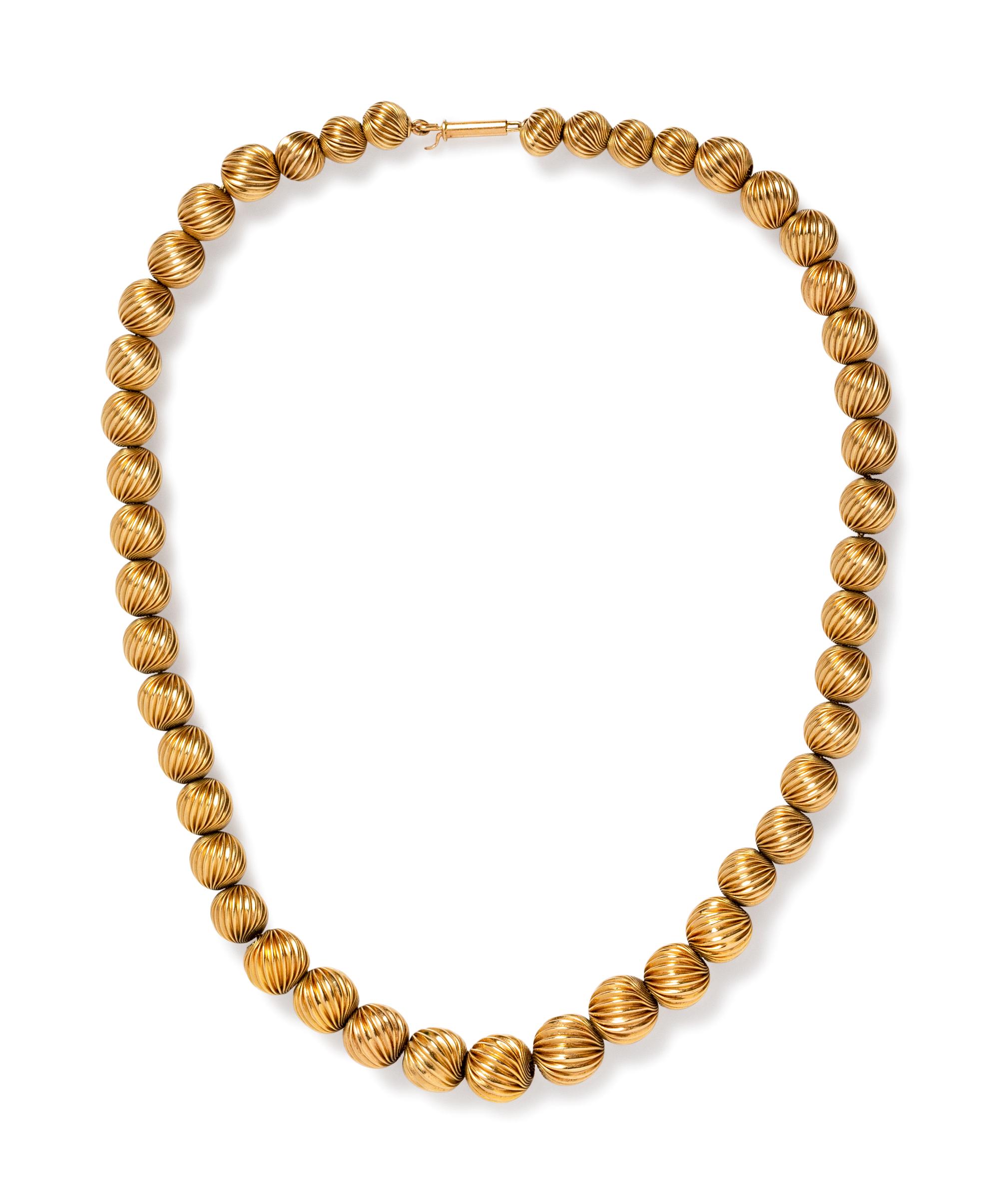 A 14 Karat Yellow Gold Bead Necklace,