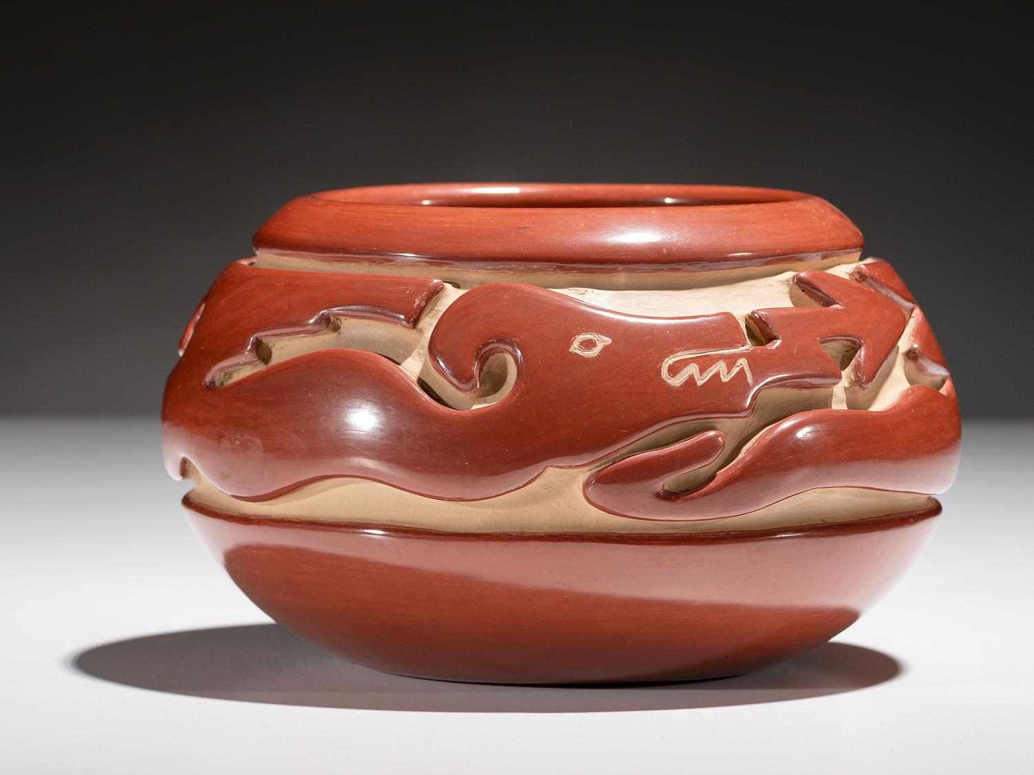Carved Redware Pottery Bowl