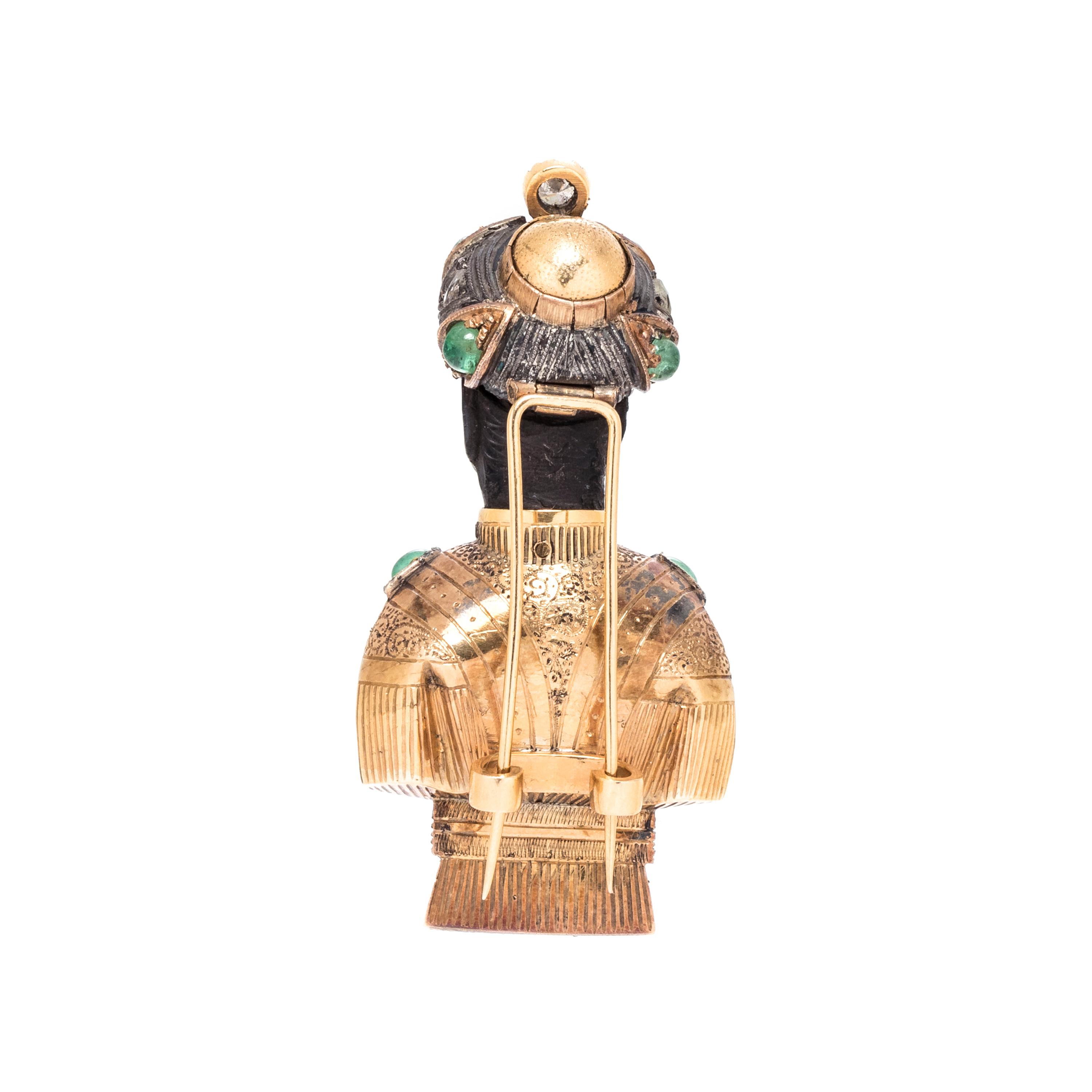 YELLOW GOLD, EMERALD AND DIAMOND MORETTO BROOCH