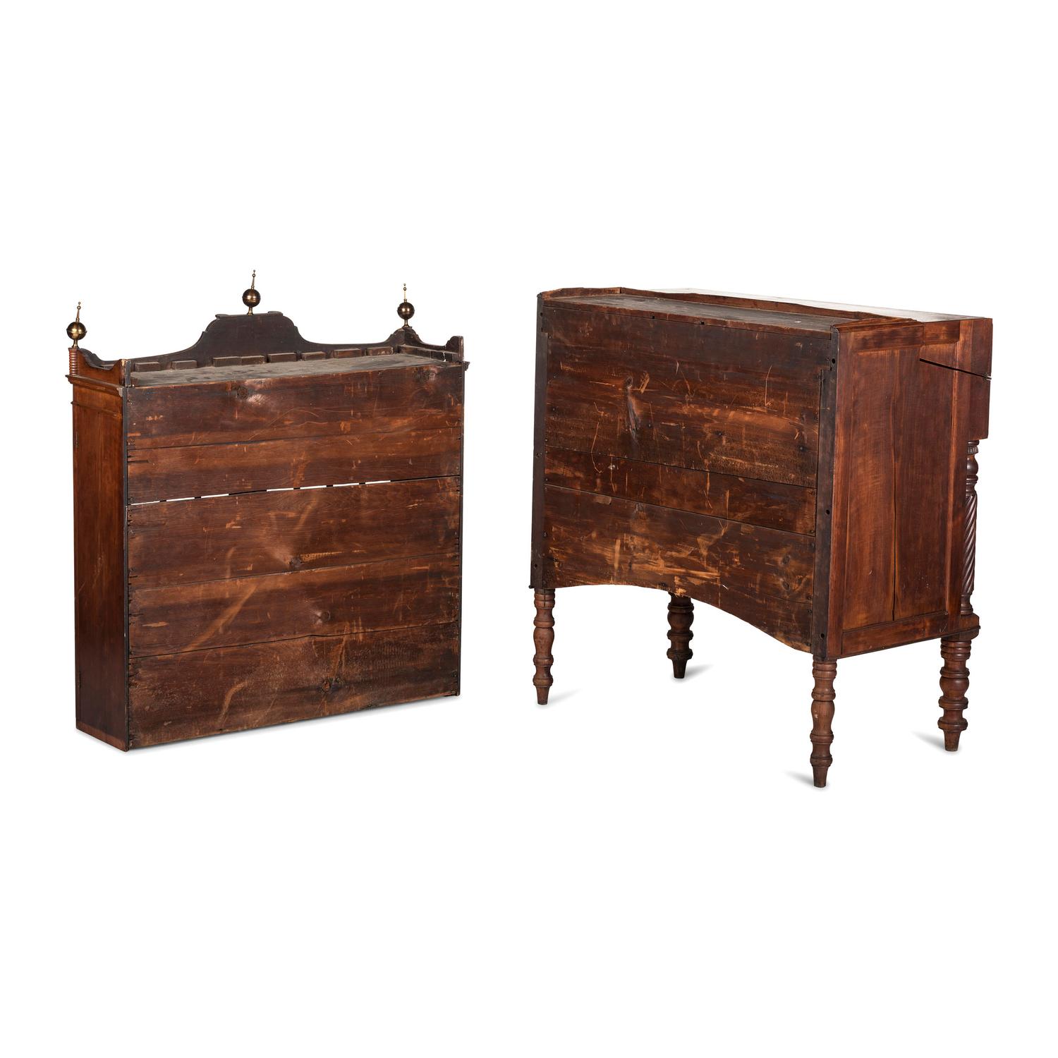 A Classical Figured Maple and Mahogany Desk-and-Bookcase