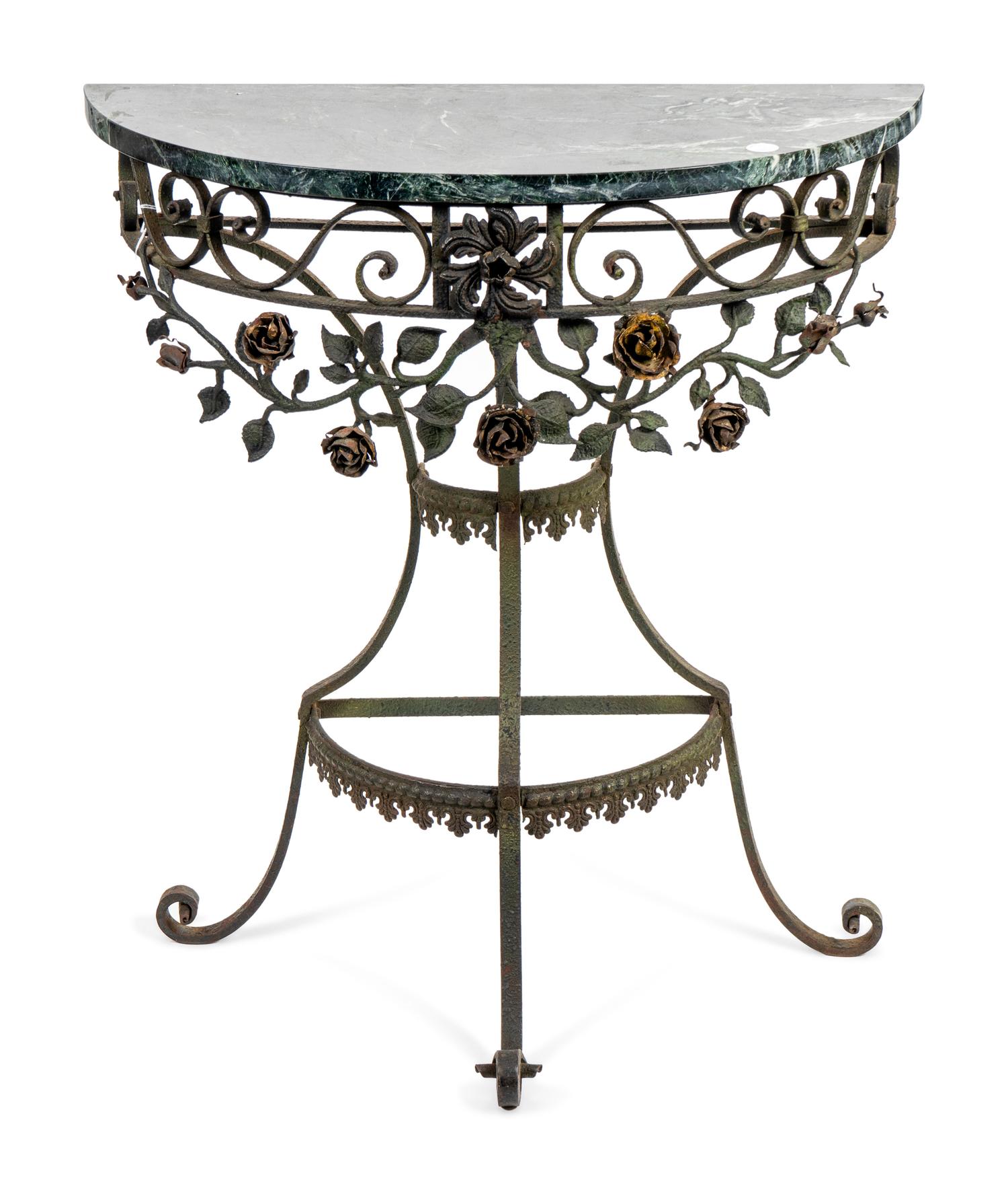 A Wrought Iron Marble Top Demilune Console Table — 20TH CENTURY