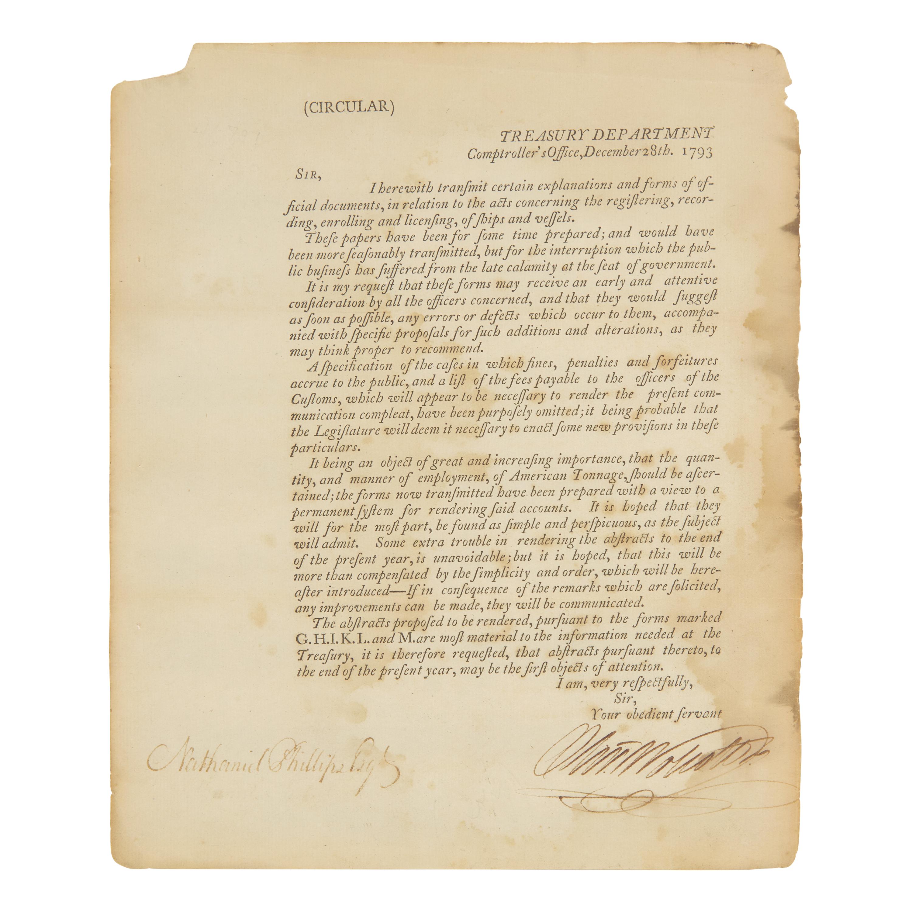 [Wolcott, Oliver] Rare Printed Circular Signed by Treasury Secretary Oliver Wolcott, Transmitting New Laws on Maritime Commerce