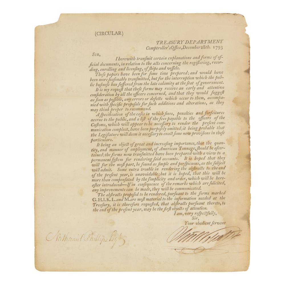 [Wolcott, Oliver] Rare Printed Circular Signed by Treasury Secretary Oliver Wolcott, Transmitting New Laws on Maritime Commerce
