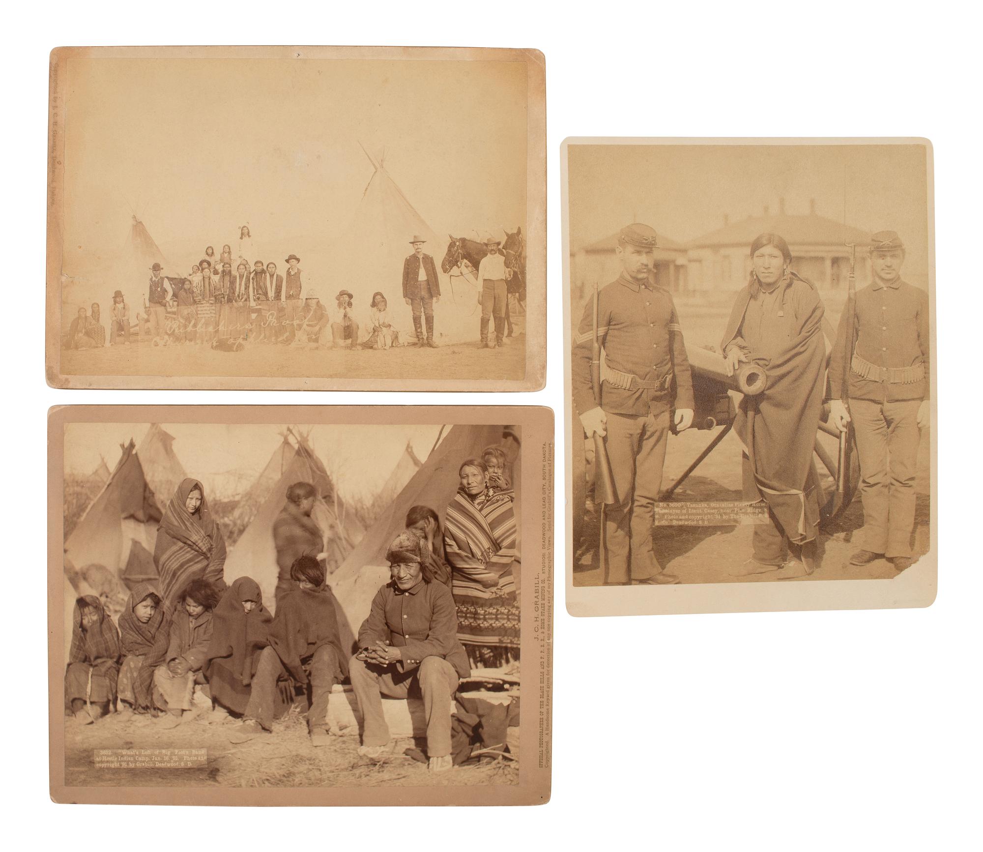 GRABILL, John C.H. (1849-1903), photog. Three photographs taken at Pine Ridge, incl. views of Big Foot's camp and Tasunka, Ota AKA Plenty Horses, the slayer of Lieutenant Casey, 1891.
