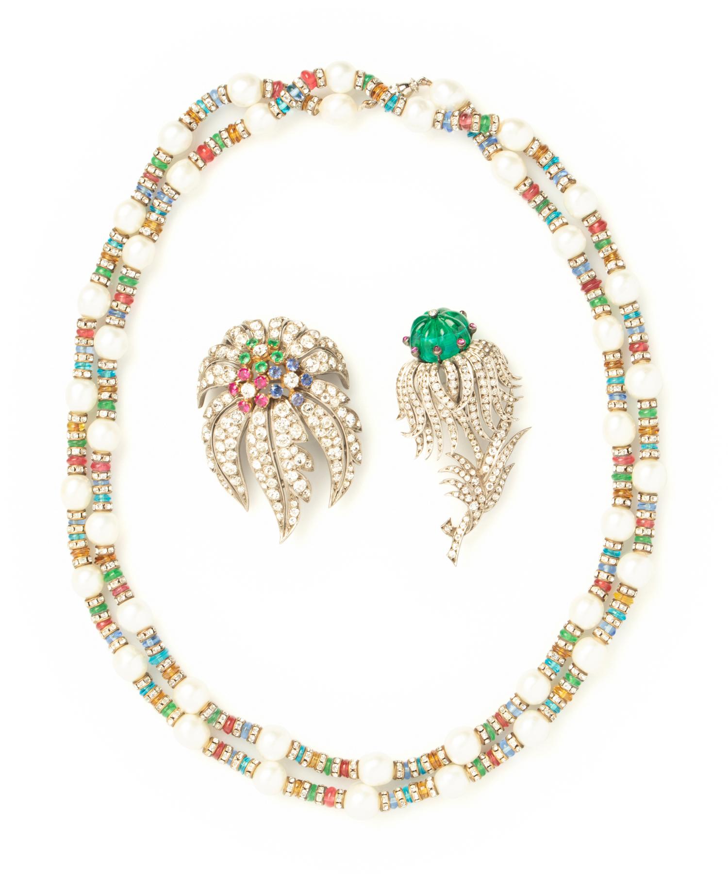 Three Unlabeled Costume Jewelry Pieces: Necklace Attributed to Chanel, 1954-1974 and Two Brooches, Attributed to Grosse/Bijoux for Dior