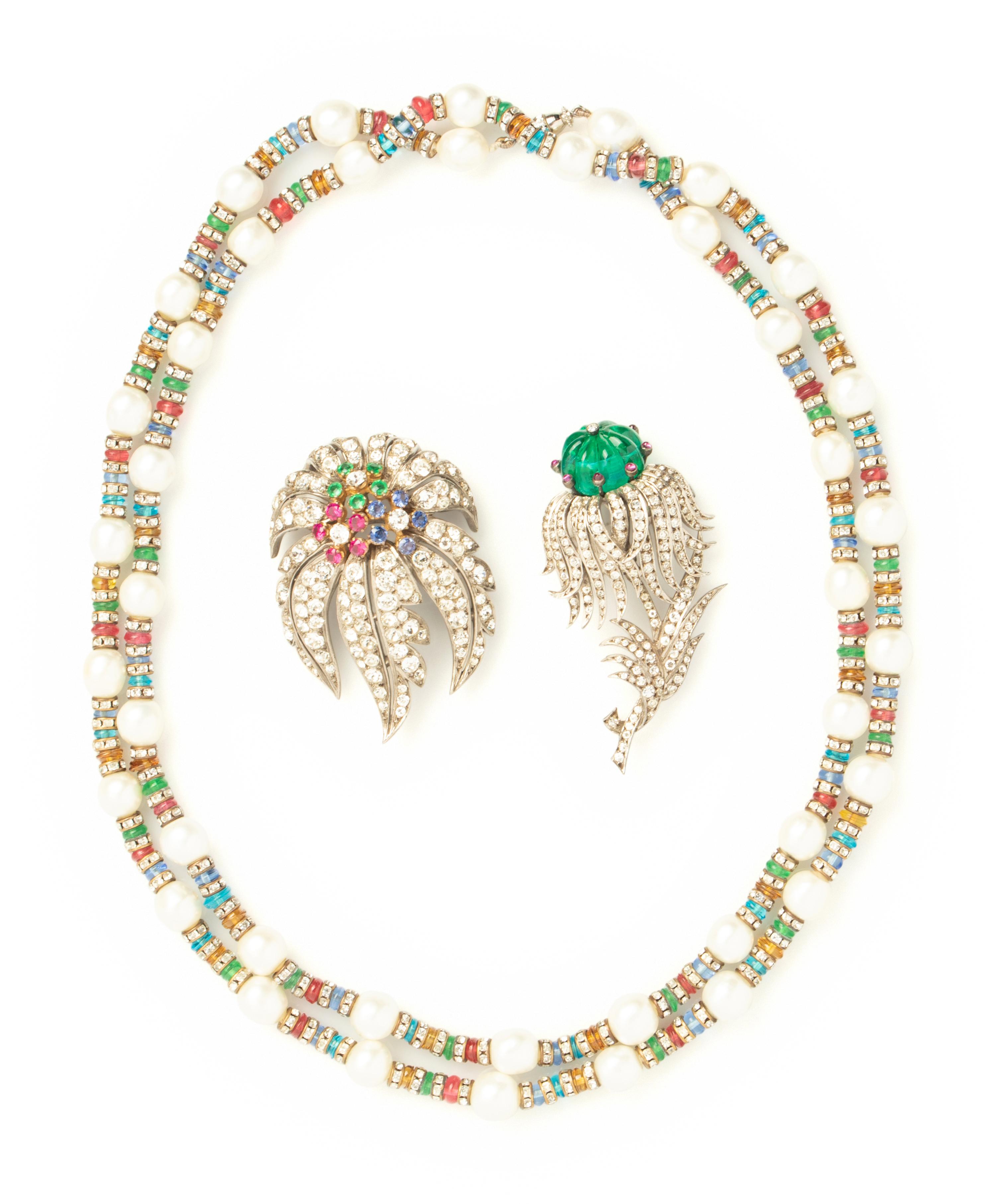 Three Unlabeled Costume Jewelry Pieces: Necklace Attributed to Chanel, 1954-1974 and Two Brooches, Attributed to Grosse/Bijoux for Dior