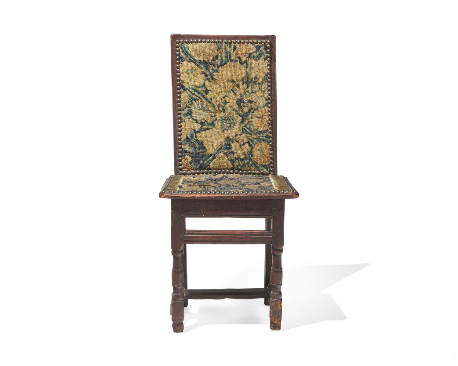 A Charles II Oak Backstool with Early Petit Point Upholstery, Second Half 17th Century