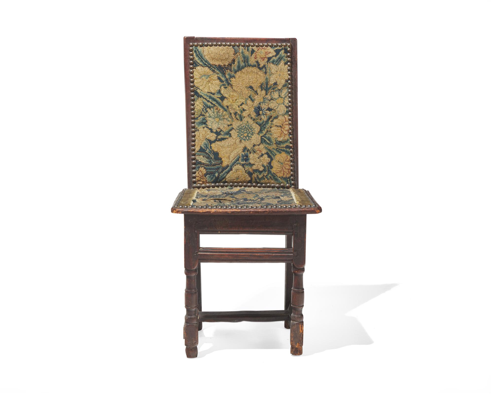 A Charles II Oak Backstool with Early Petit Point Upholstery, Second Half 17th Century