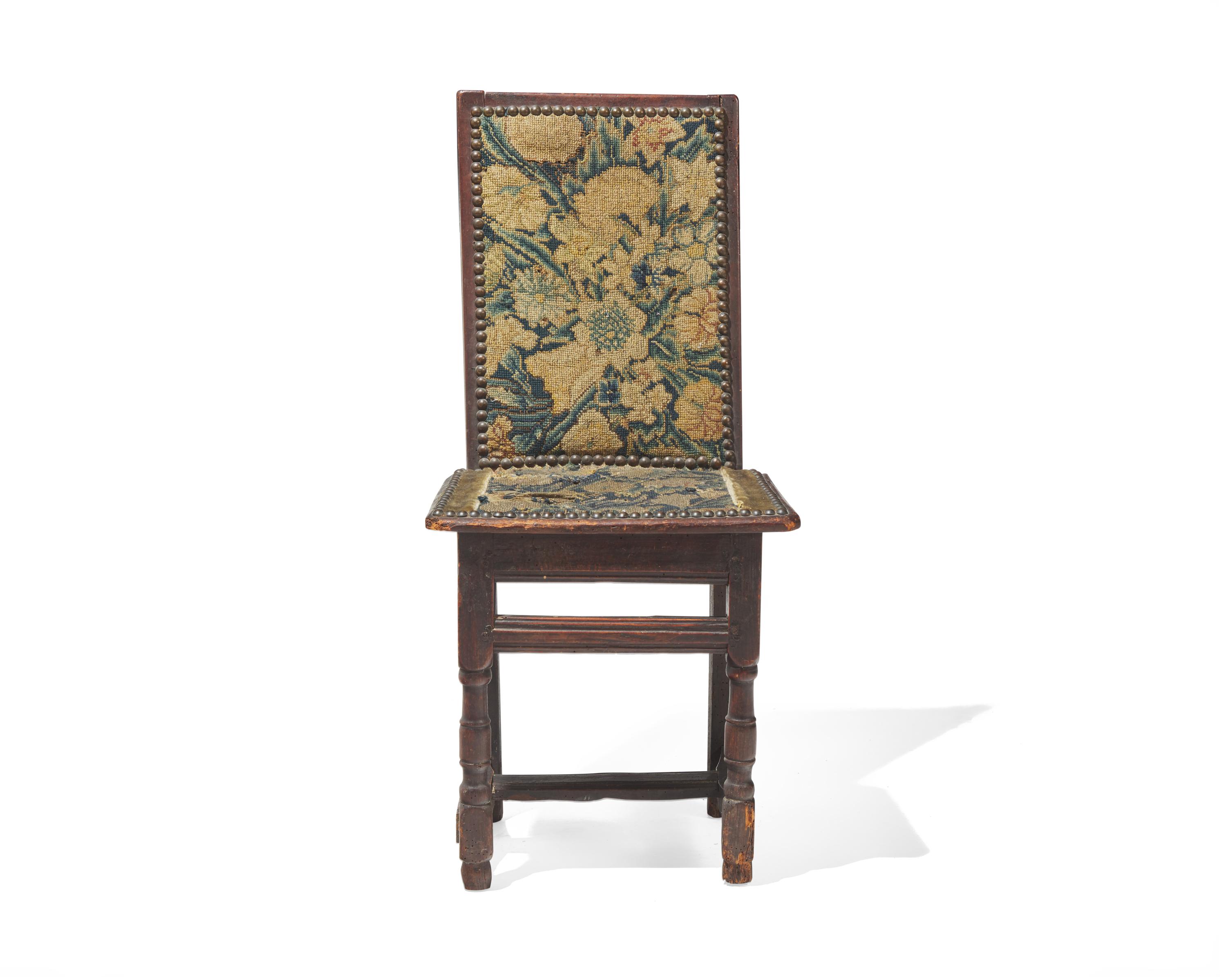 A Charles II Oak Backstool with Early Petit Point Upholstery, Second Half 17th Century