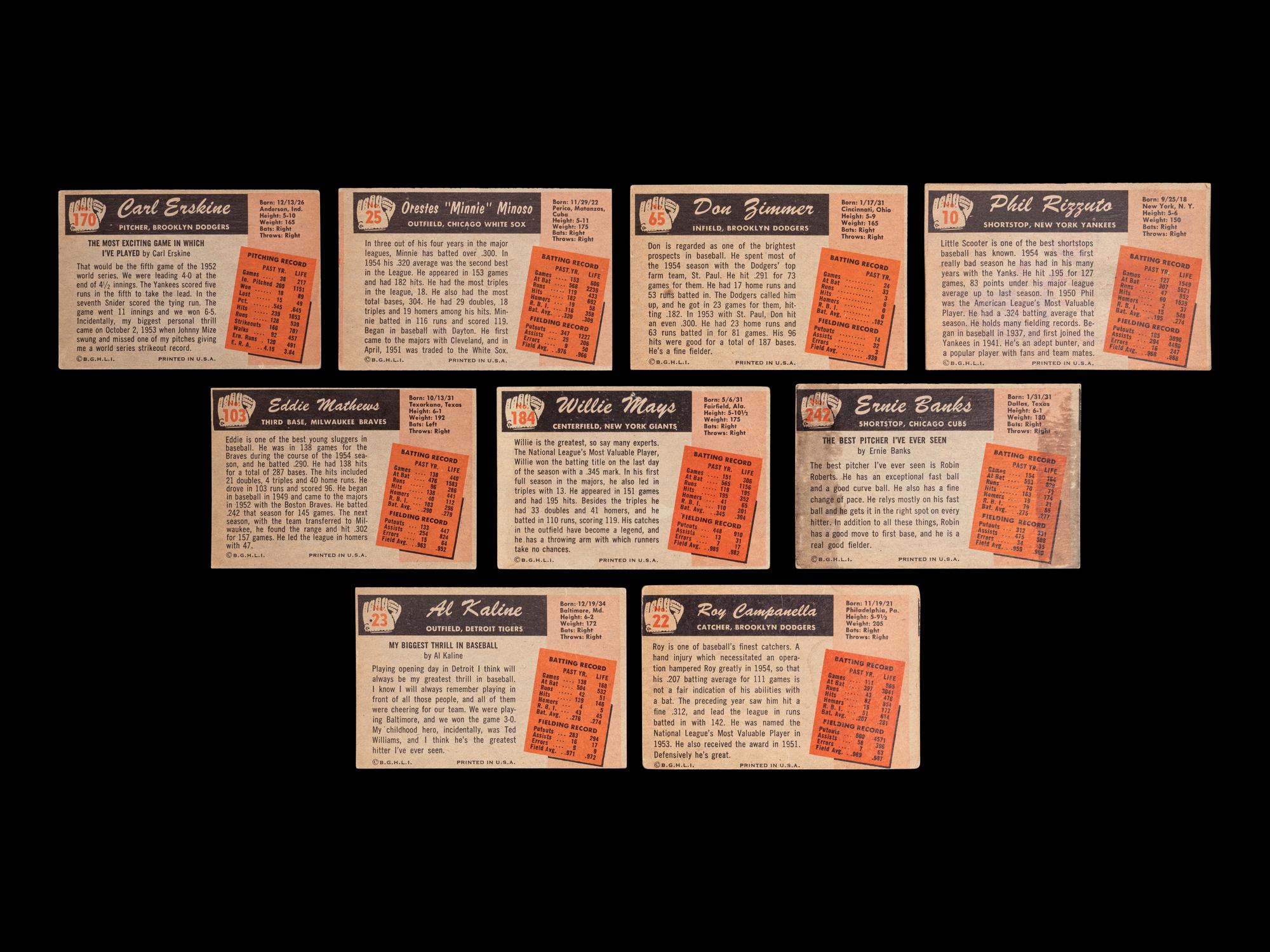 A Group of Nine 1955 Bowman Baseball Cards (Including Willie Mays, Ernie Banks, Eddie Mathews, Roy Campanella, Al Kaline and Phil Rizzuto),