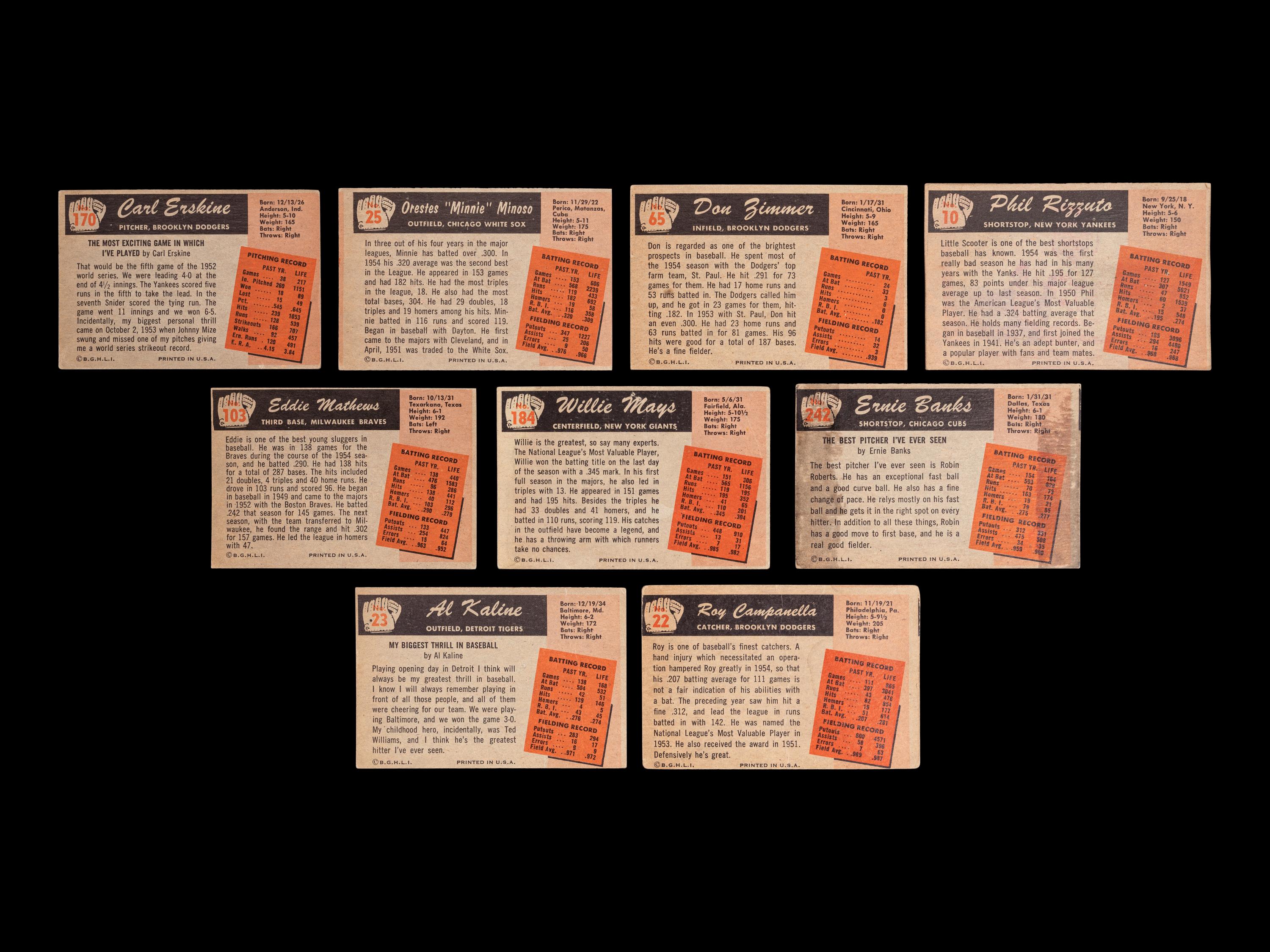 A Group of Nine 1955 Bowman Baseball Cards (Including Willie Mays, Ernie Banks, Eddie Mathews, Roy Campanella, Al Kaline and Phil Rizzuto),