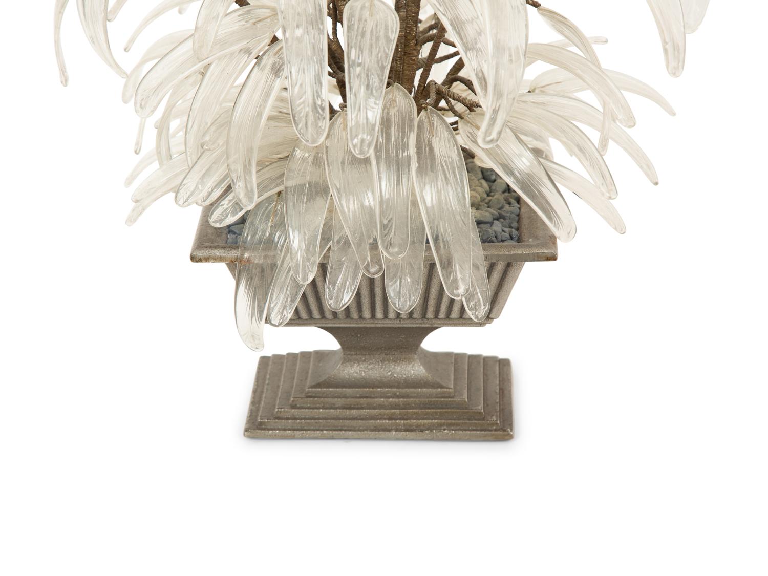 A Pair of Silvered Metal Urns with Glass Foliage