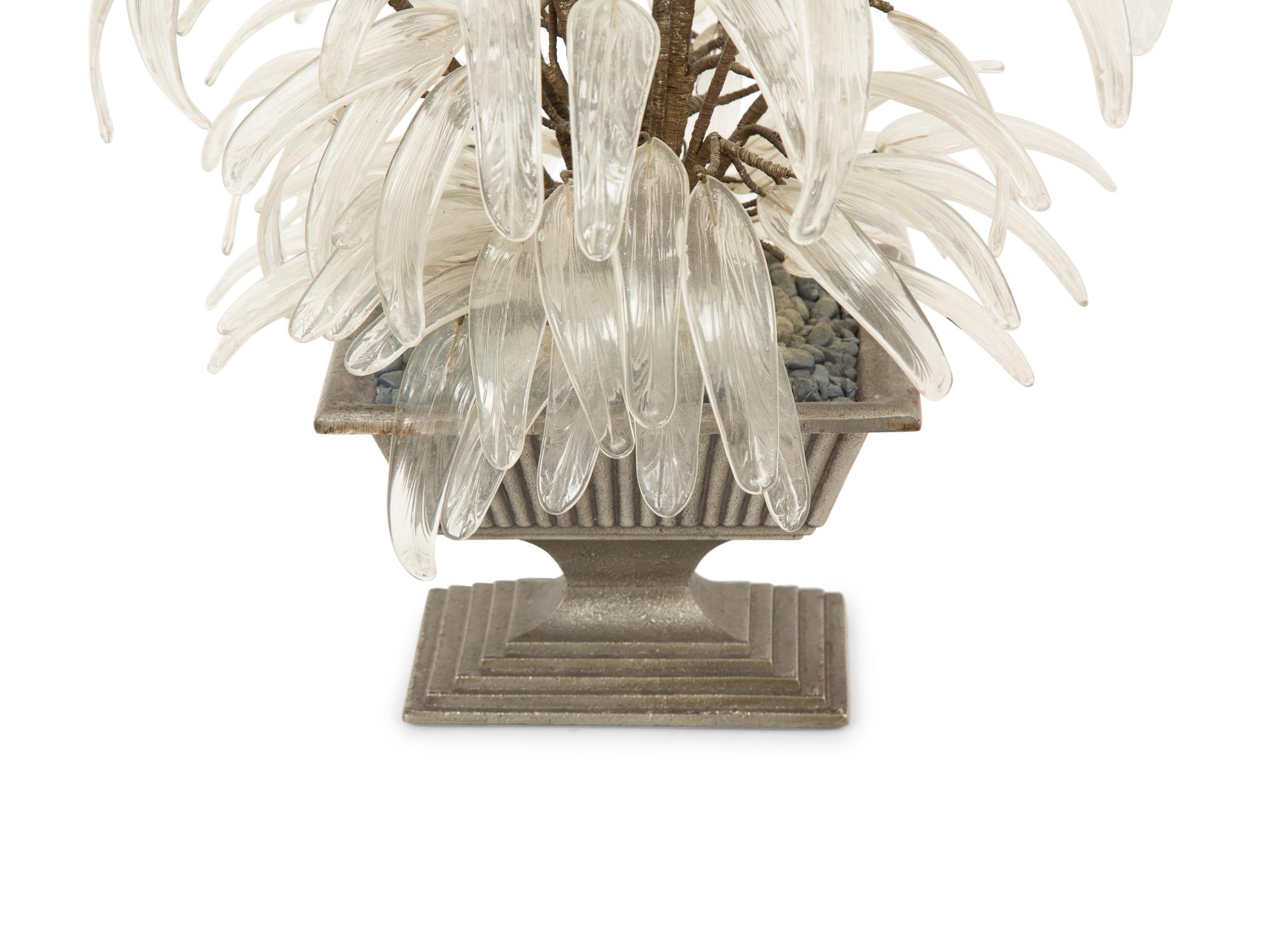 A Pair of Silvered Metal Urns with Glass Foliage