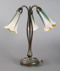A Tiffany Studios Bronze Three-Light Lily Lamp, Height 13 inches.