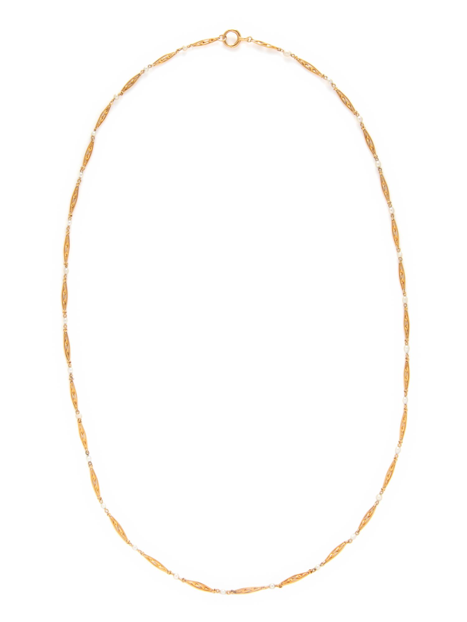 YELLOW GOLD AND SEED PEARL FANCY LINK NECKLACE