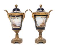 A Pair of Sèvres Style Gilt Bronze-Mounted Porcelain Urns