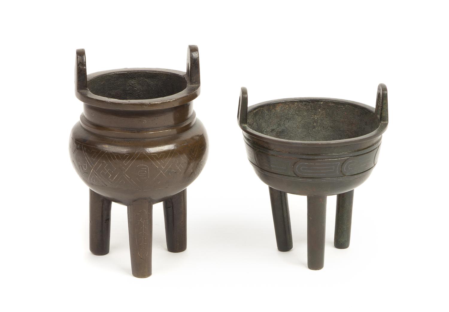 Two Bronze Tripod Incense Burners Height of taller 4 1/2 inches.