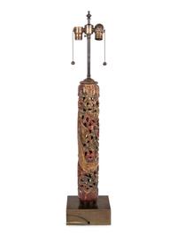 A Chinese Pierce Carved, Painted and Gilt Wood Lamp with a Linen Shade
