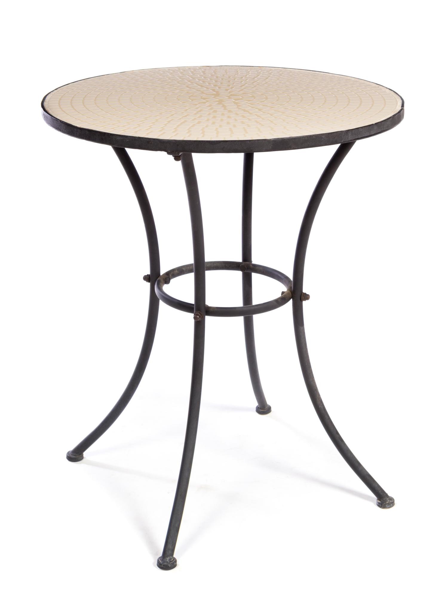 A Mosaic-Inset Metal Garden Table Height 29 x diameter of top 24 1/2 inches.