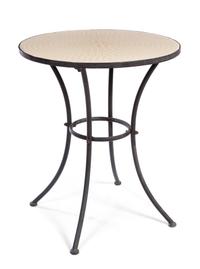 A Mosaic-Inset Metal Garden Table Height 29 x diameter of top 24 1/2 inches.